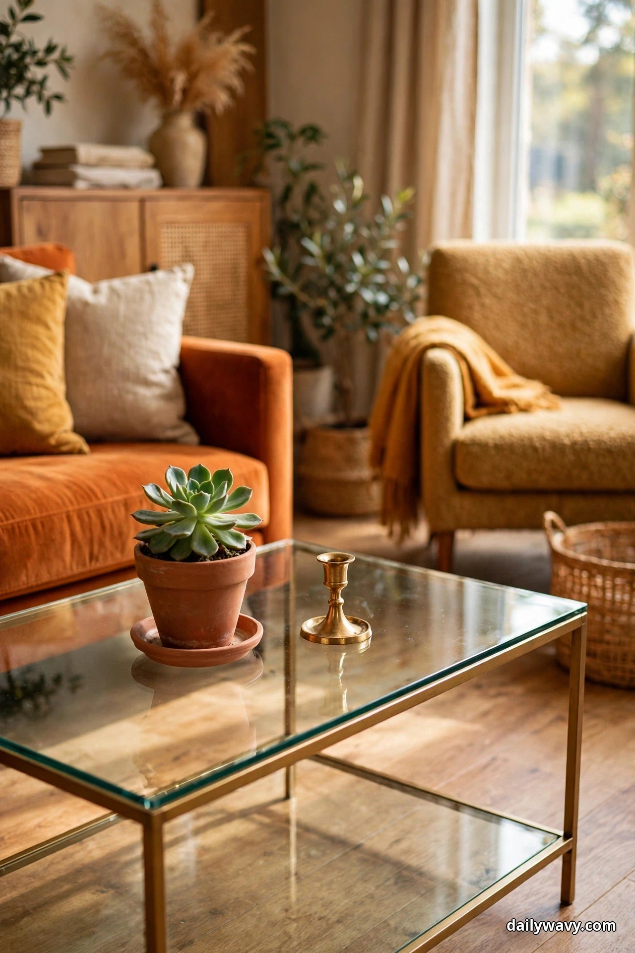 A terracotta pot holding a succulent sits on a saucer beside a brass candlestick on a glass coffee table