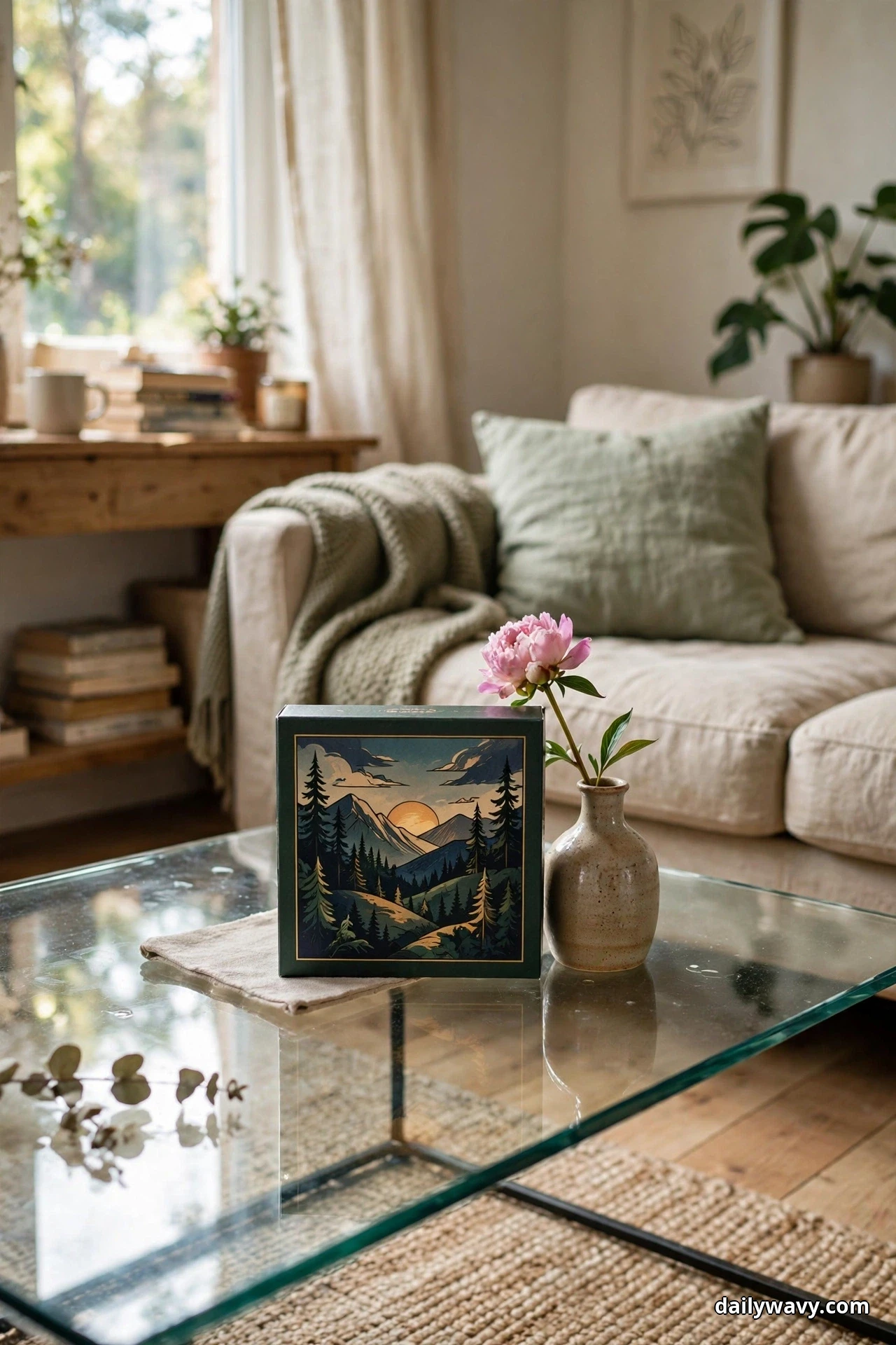 A compact game box with a mountain scene stands beside a small bud vase holding a single pink peony on a glass coffee table