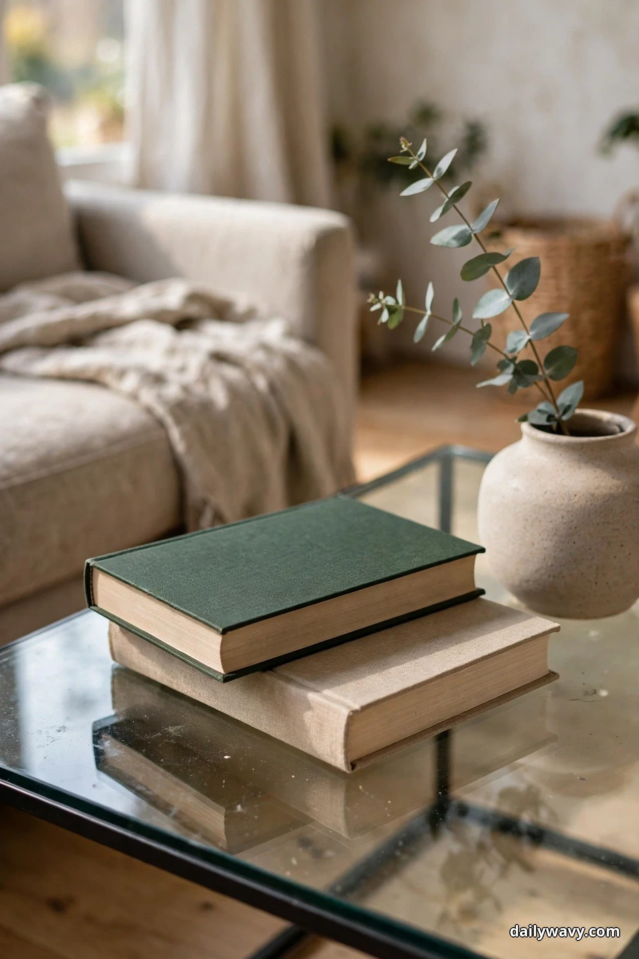 Two stacked hardcovers sit beside a low stoneware vase holding a single eucalyptus branch on a glass coffee table