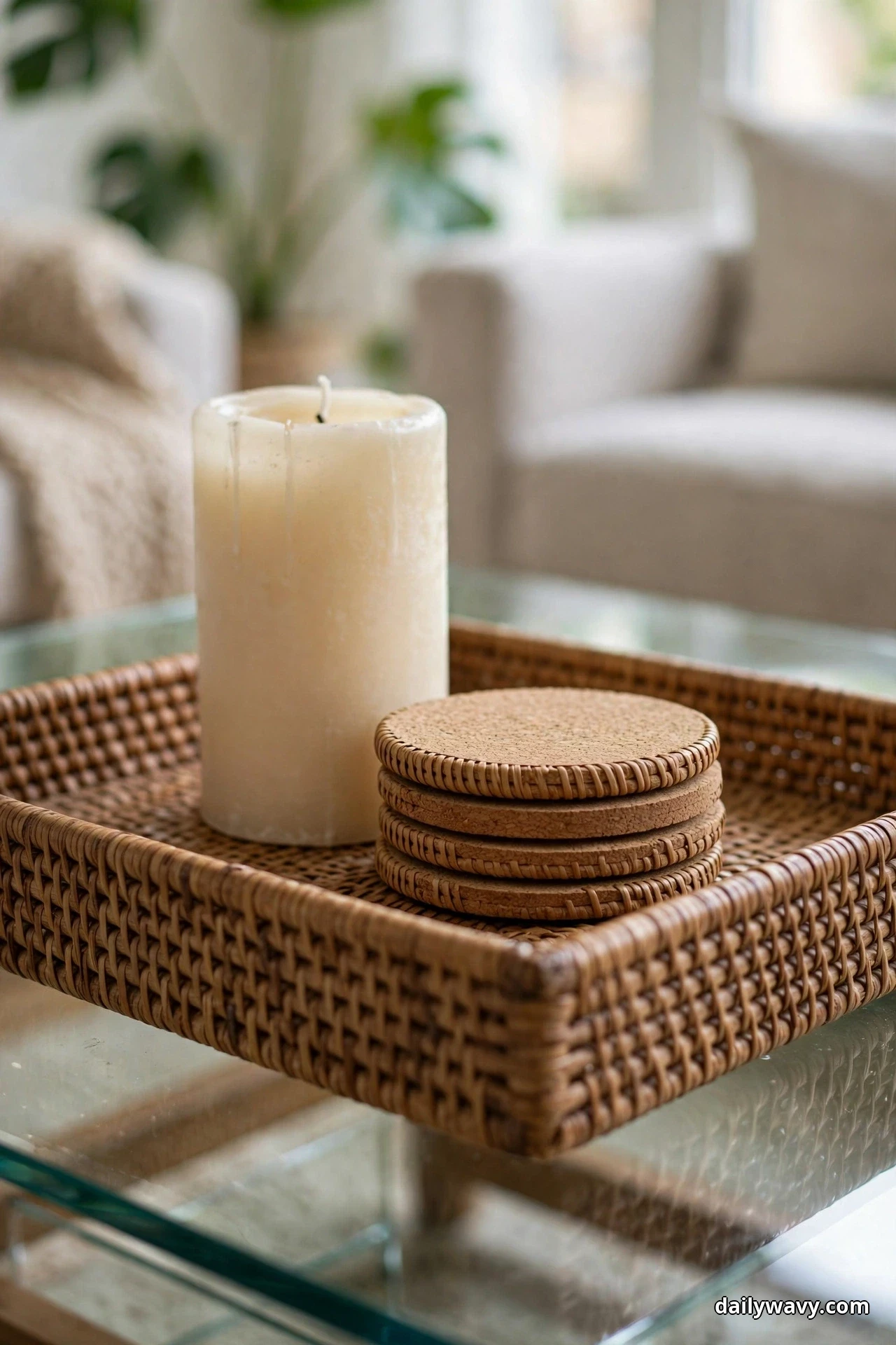 A woven rattan tray holds a tall pillar candle and a stack of cork coasters on a glass coffee table