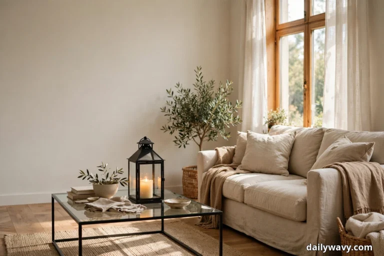 A wide view shows a black lantern with a lit pillar candle on a glass coffee table beside a cream linen sofa, with an olive tree standing by the window