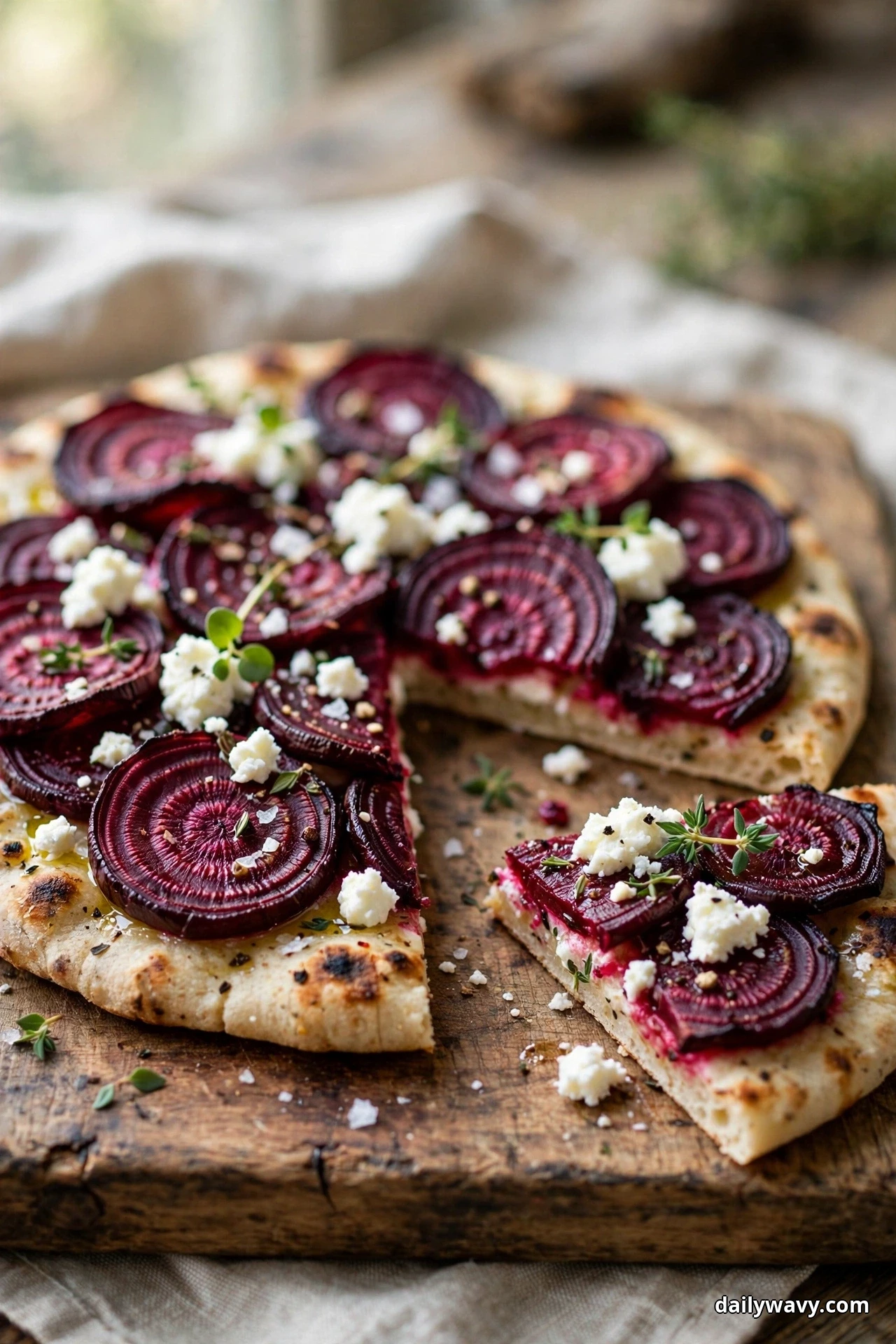 A goat cheese flatbread topped with deep magenta roasted beet slices and crumbled white cheese rests on a wooden board with one wedge cut