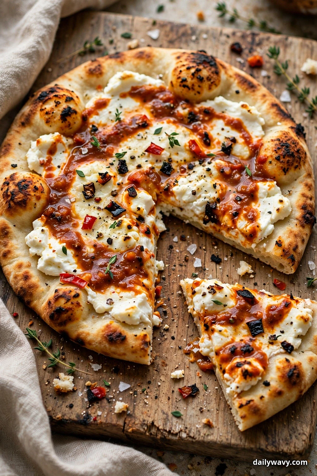 A goat cheese flatbread drizzled with smoky red pepper sauce and dotted with softened cheese rests on a wooden board with one wedge cut