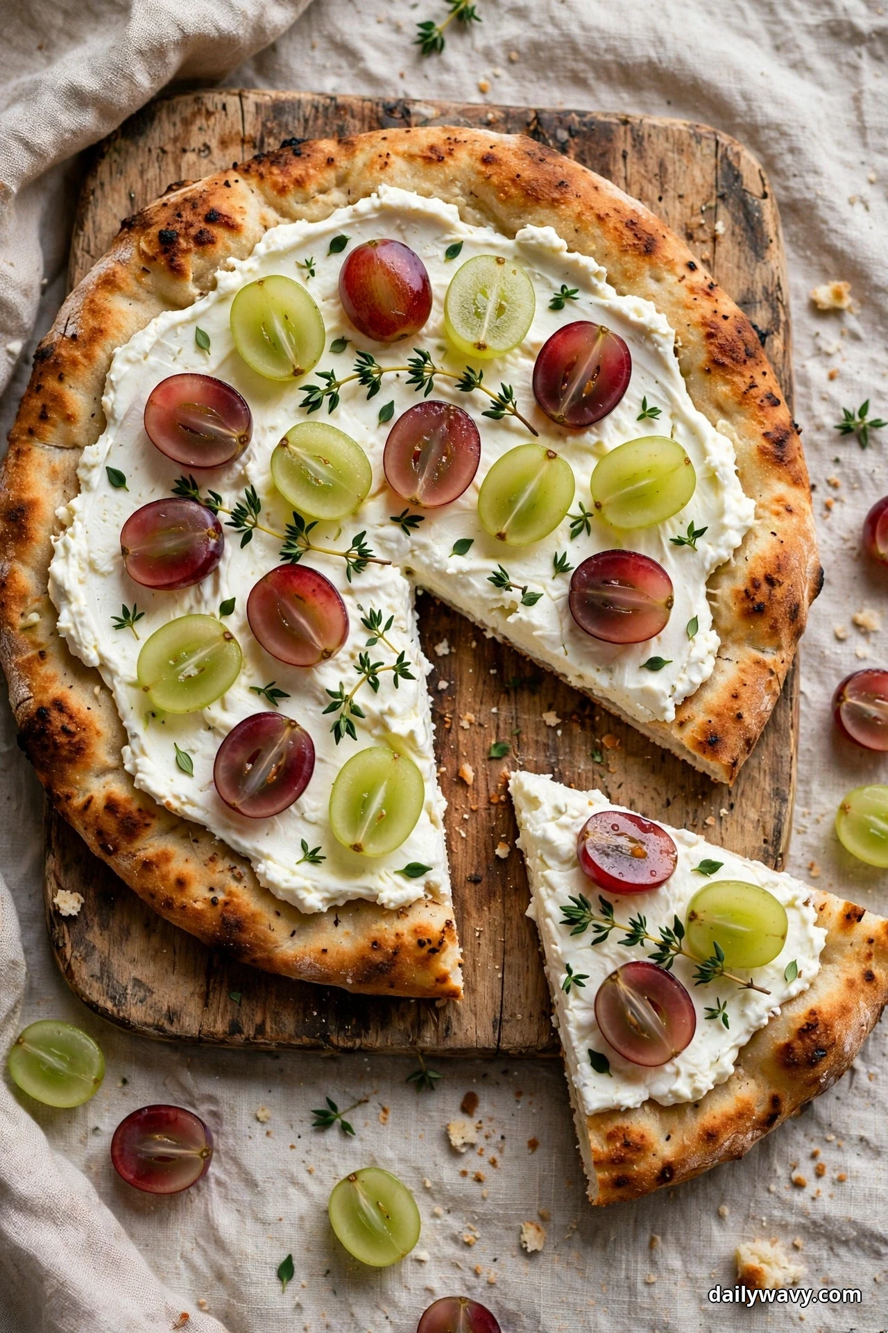 A goat cheese flatbread topped with halved red and green grapes and thyme rests on a wooden board with one wedge cut