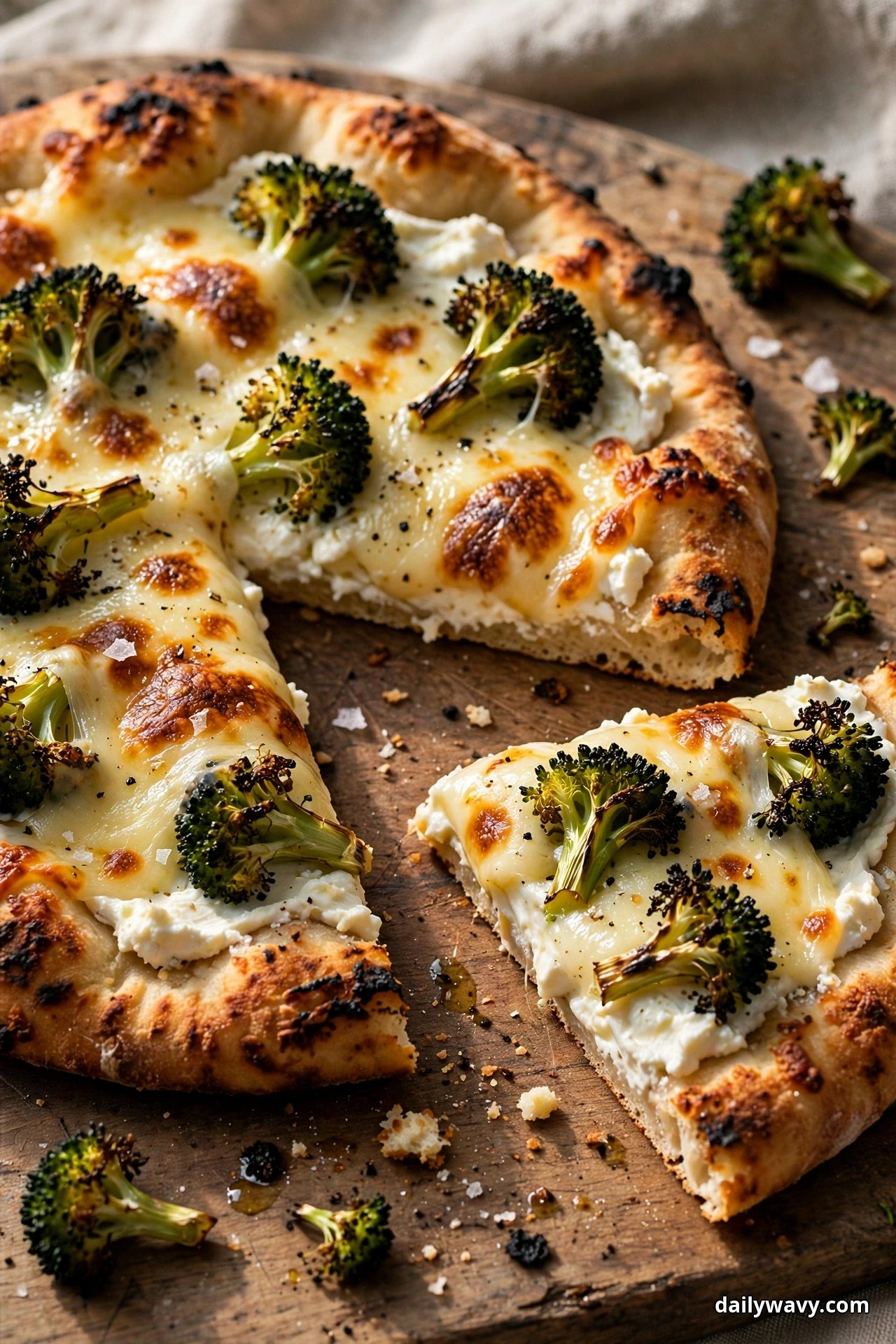 A goat cheese flatbread topped with charred broccoli florets and melted golden provolone rests on a wooden board with one wedge cut