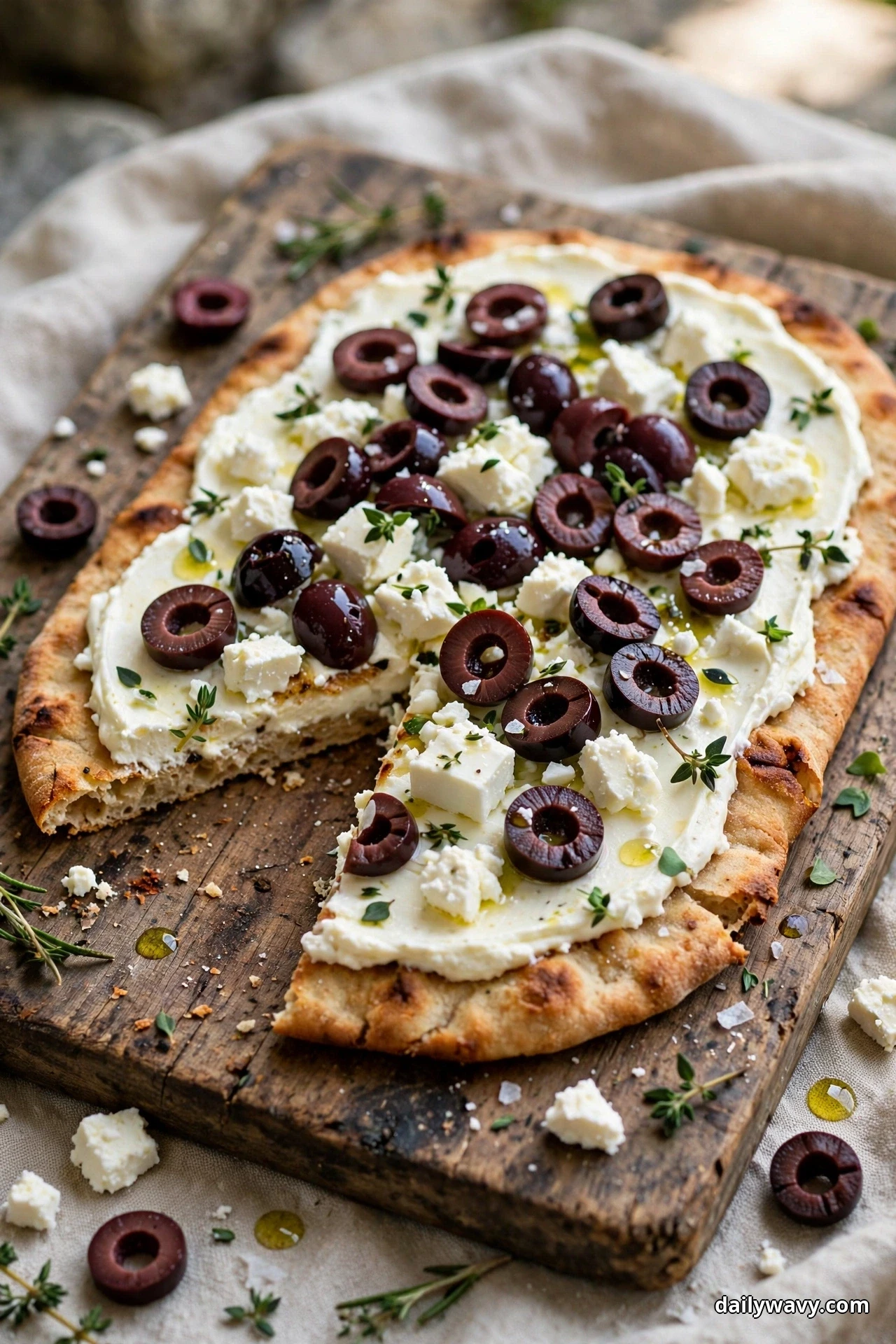 A goat cheese flatbread scattered with feta crumbles and kalamata olive rings rests on a wooden board with one wedge cut