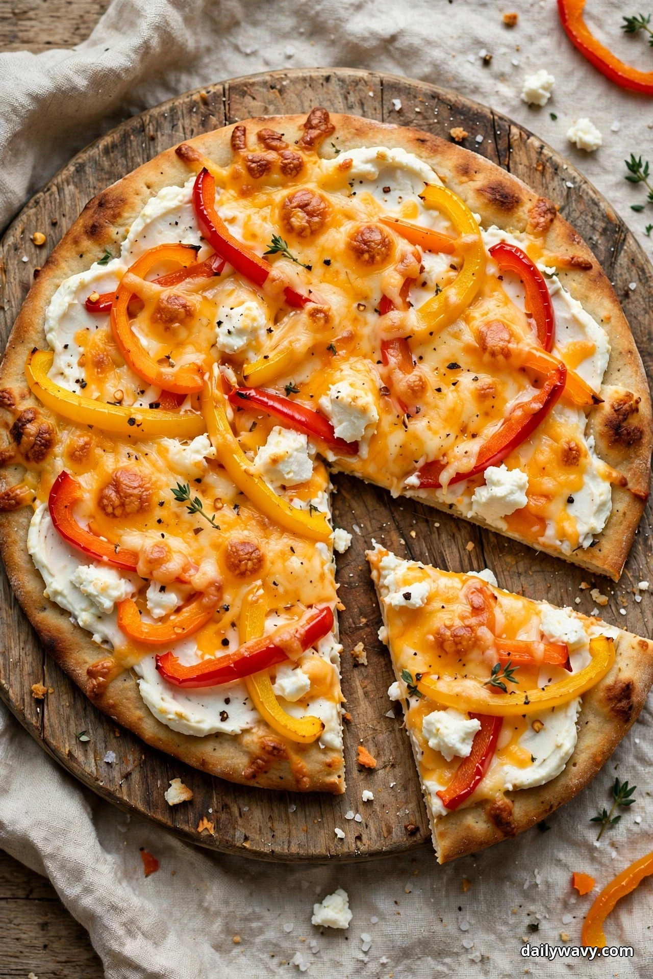 A goat cheese flatbread topped with melted cheddar and red, yellow and orange pepper strips rests on a round wooden board with wedges cut