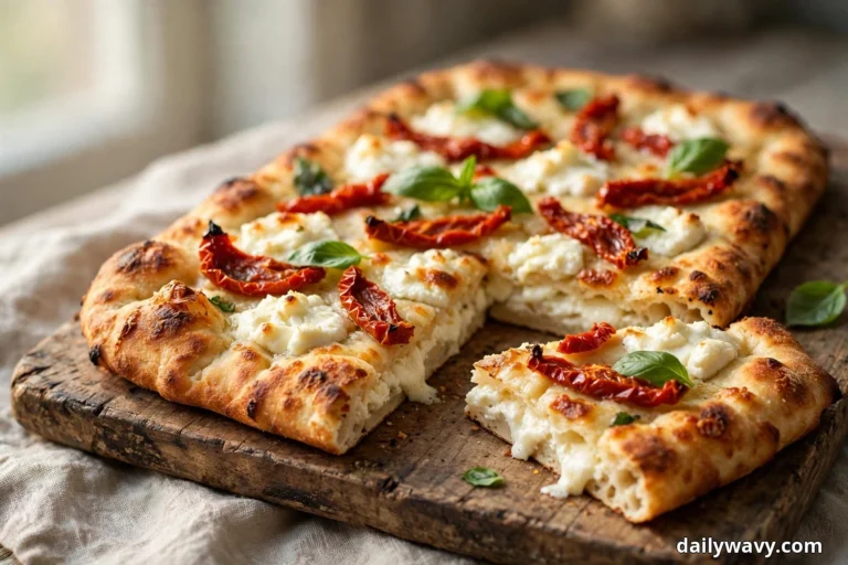 A rectangular goat cheese flatbread topped with sun-dried tomato strips and basil leaves sits on a rustic wooden board with one wedge cut and pulled forward