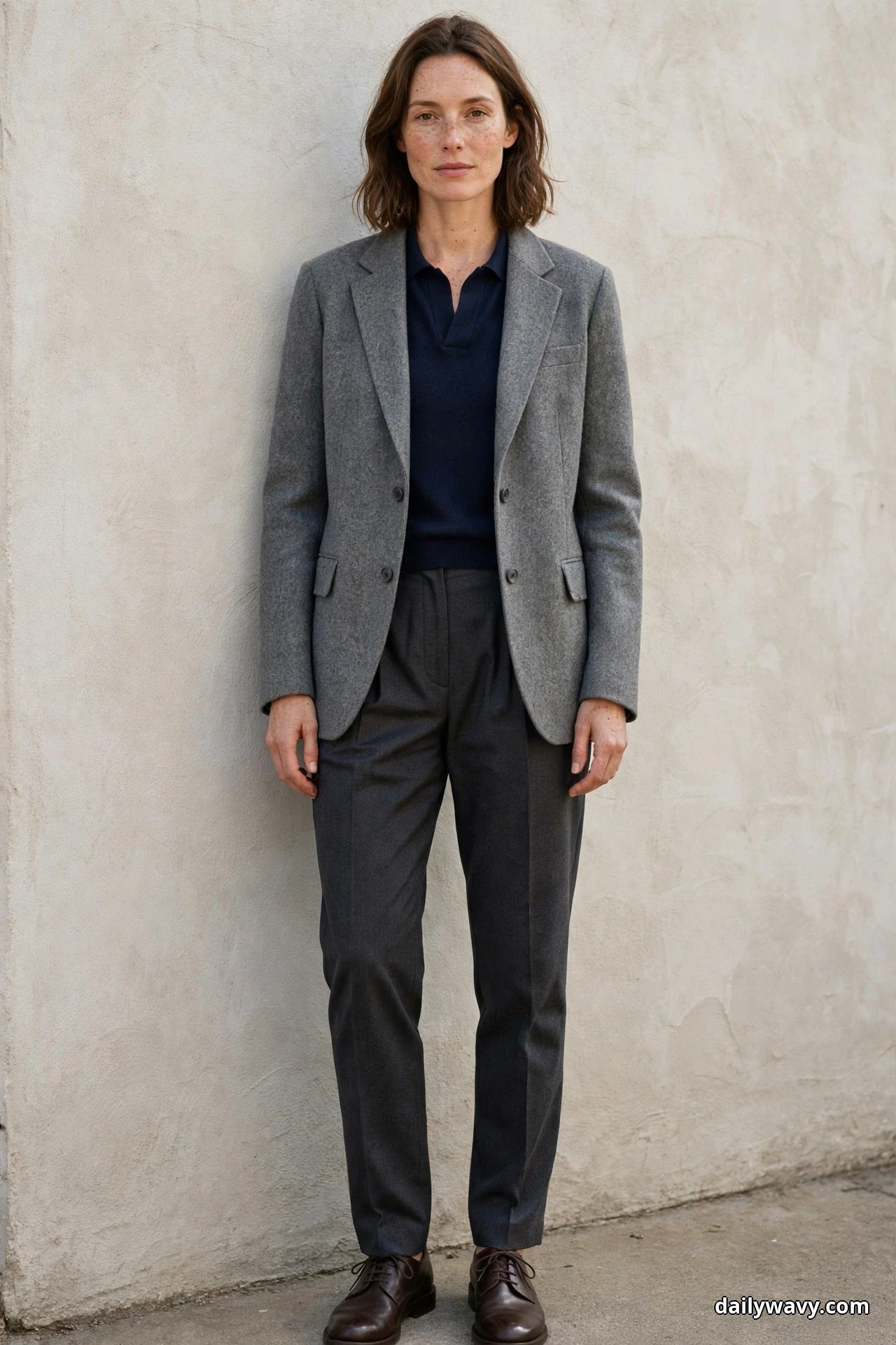 A woman stands full length against a textured beige wall wearing a medium gray blazer over a navy knit polo, with charcoal pleated trousers and brown leather derby lace-up shoes