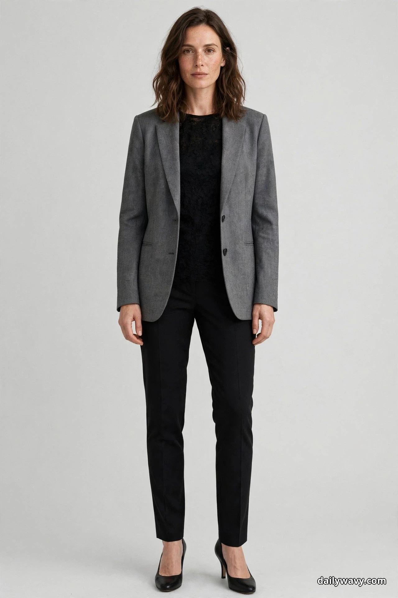 A woman stands full length wearing a medium gray blazer over a black opaque lace top, with slim black trousers and black pumps