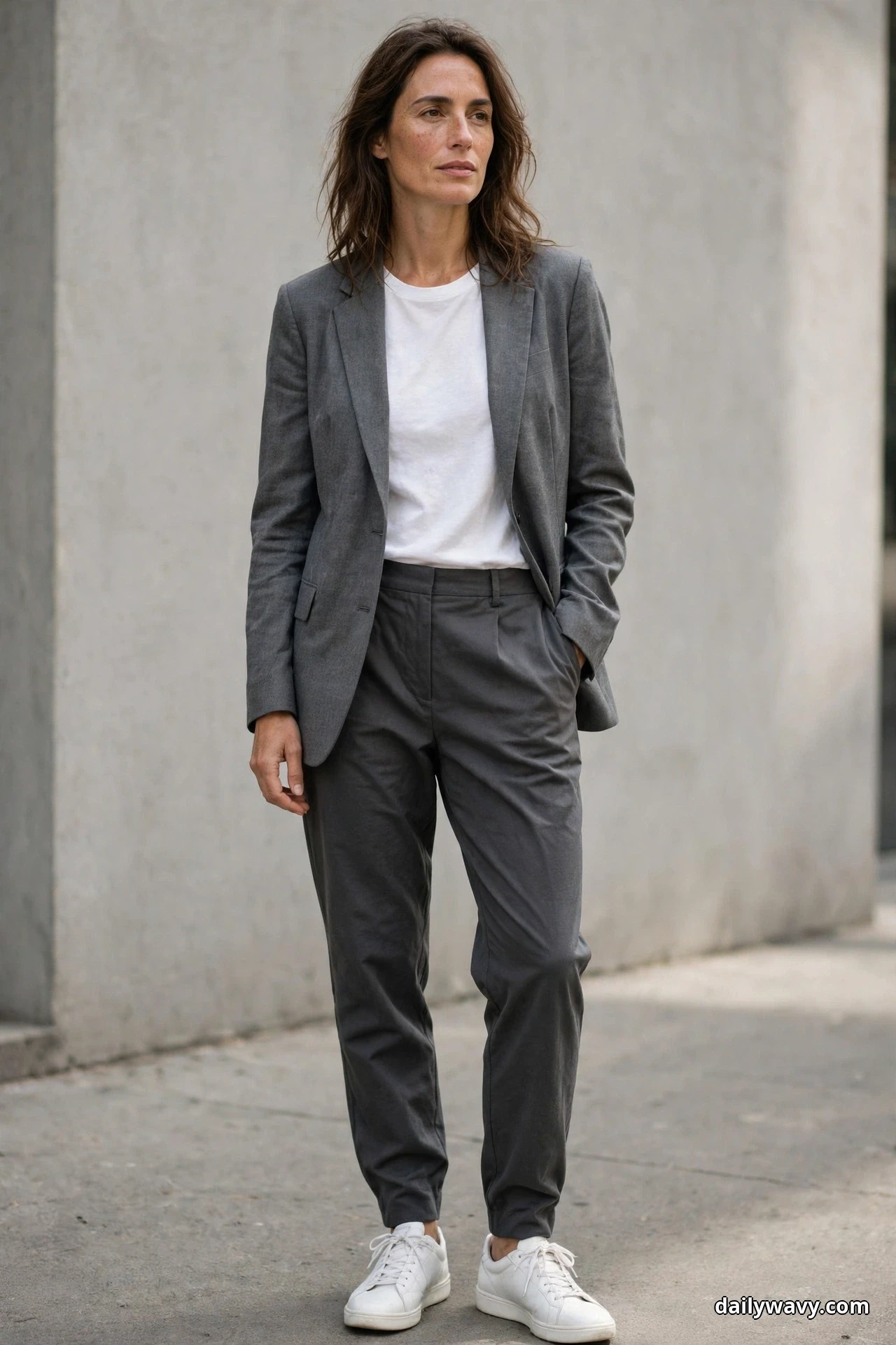 A woman stands full length wearing a medium gray blazer over a plain white crew-neck tee, with relaxed tapered charcoal trousers and white trainers