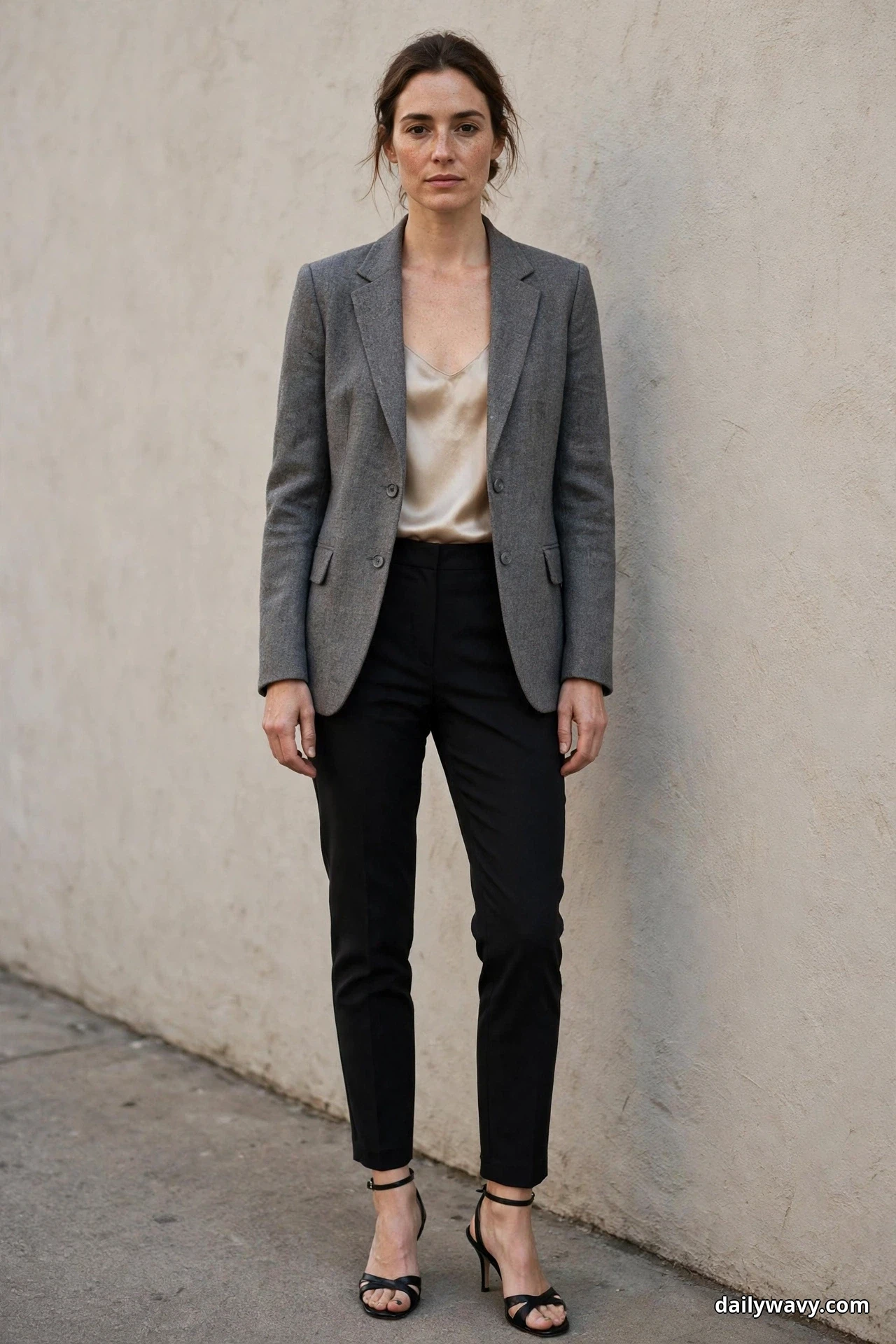A woman stands full length against a textured beige wall wearing a medium gray blazer over a champagne silk-look camisole, with black tailored ankle pants and black heeled sandals