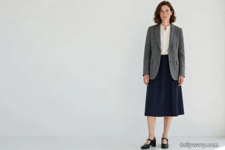A woman stands full length at the right side of a plain white studio backdrop wearing a medium gray two-button blazer over a cream blouse with a navy A-line skirt that falls below the knee, with black Mary Jane shoes