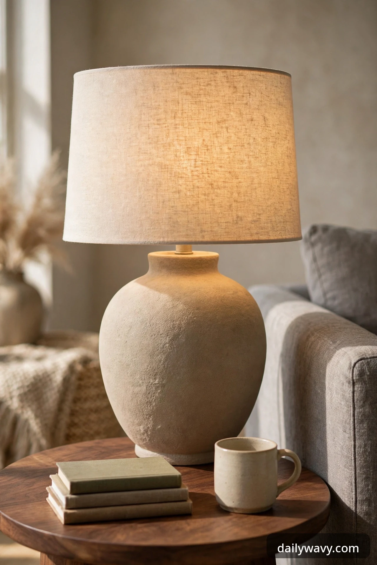 Low ceramic lamp glowing on a wood side table beside a gray sofa.