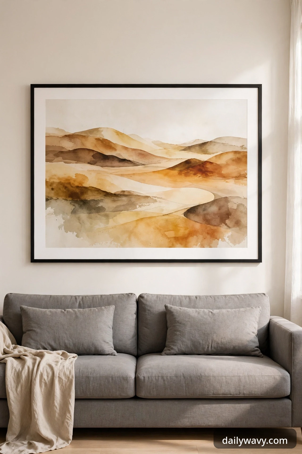 One large framed abstract artwork centered above a gray sofa.