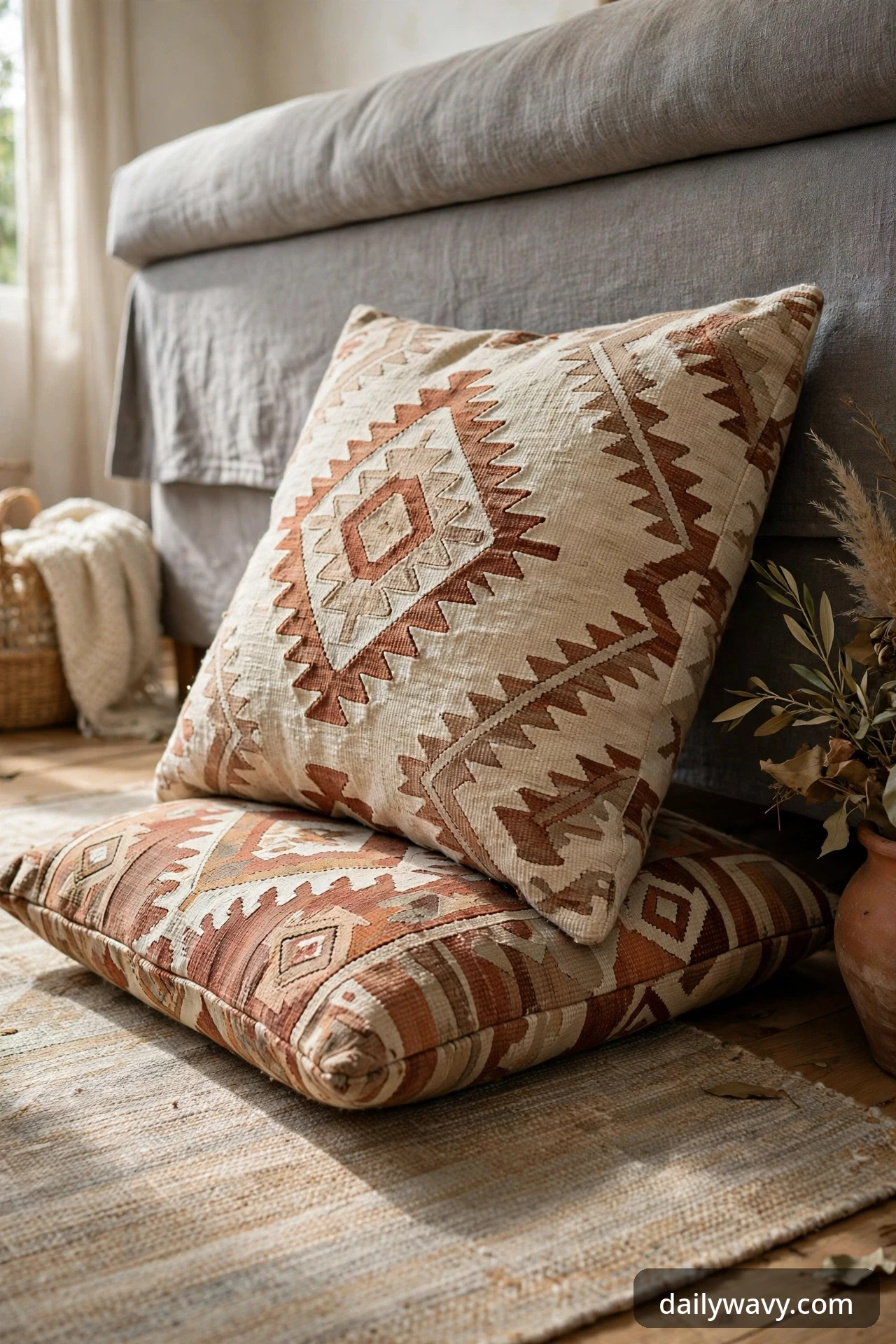 Pair of patterned floor cushions stacked beside a gray sofa.