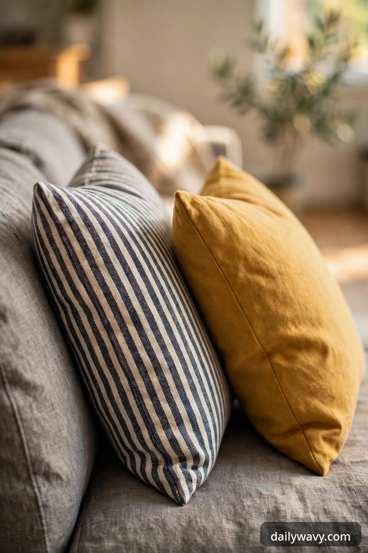Striped pillow beside a solid mustard pillow on a gray sofa.