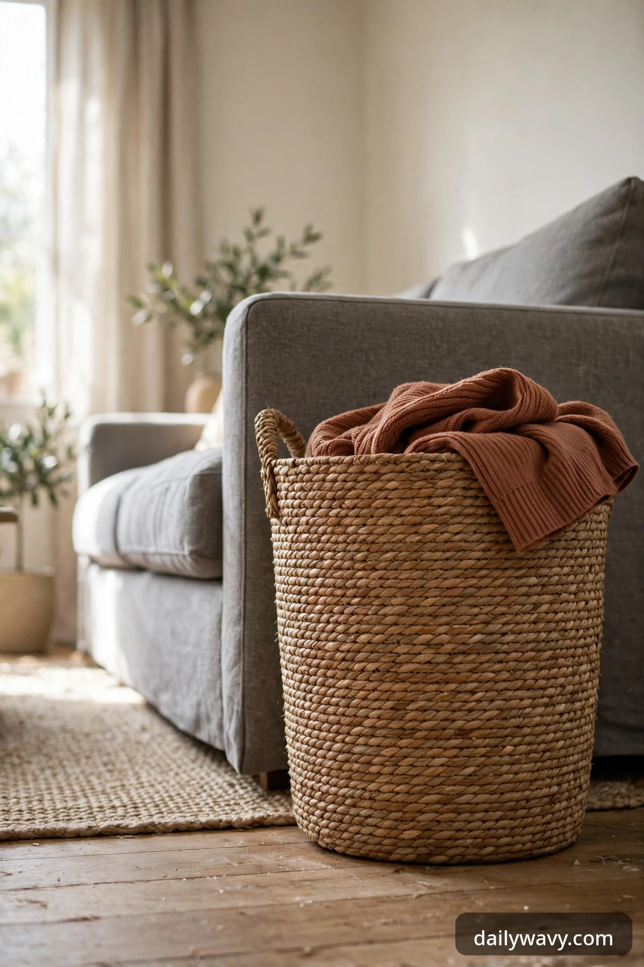 Woven seagrass basket holding a folded rust blanket beside a gray sofa.