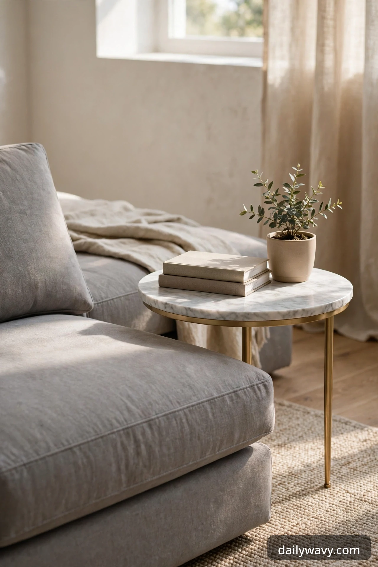 Small round marble accent table beside a gray sofa.