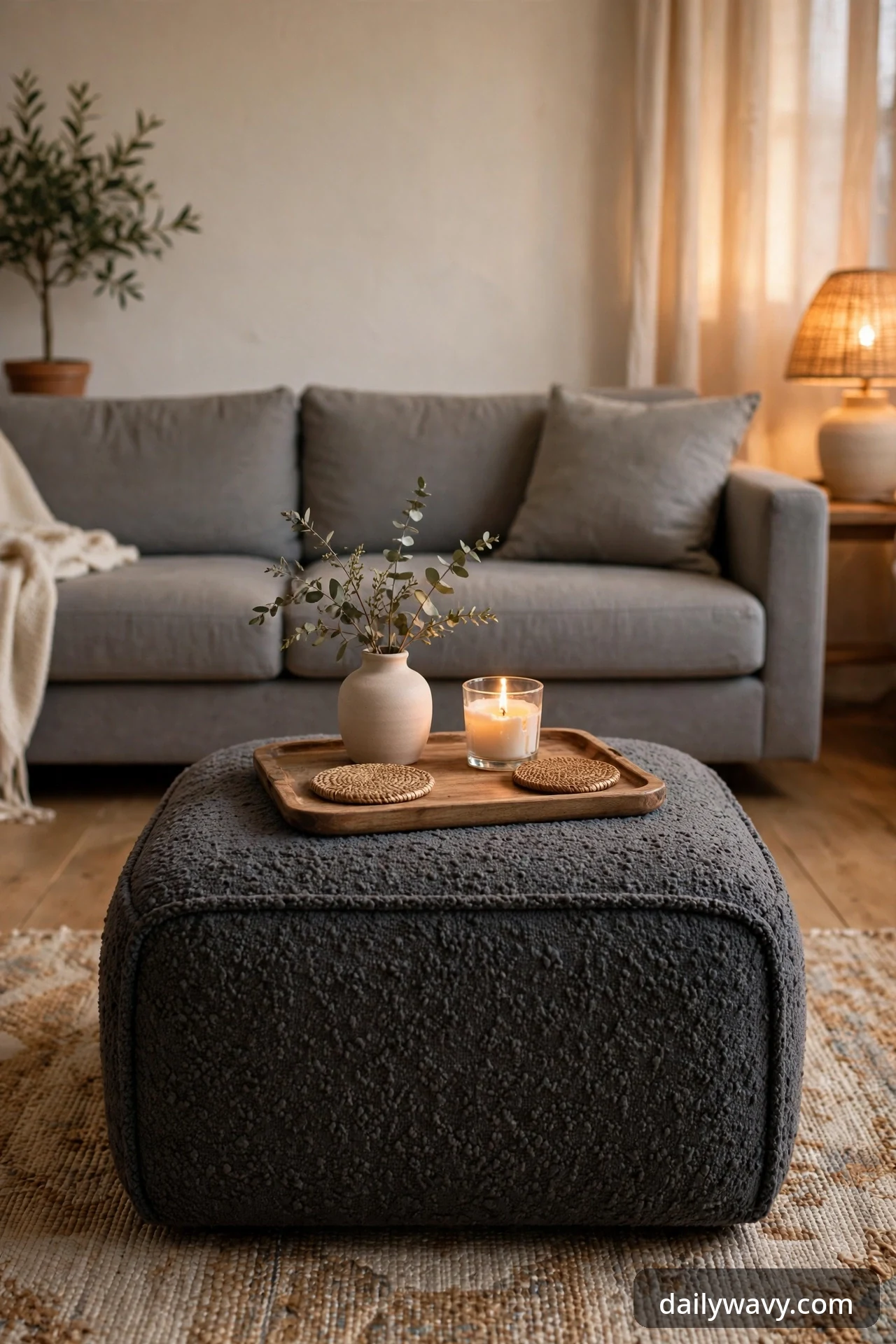 Upholstered ottoman with a wooden serving tray in front of a gray sofa.