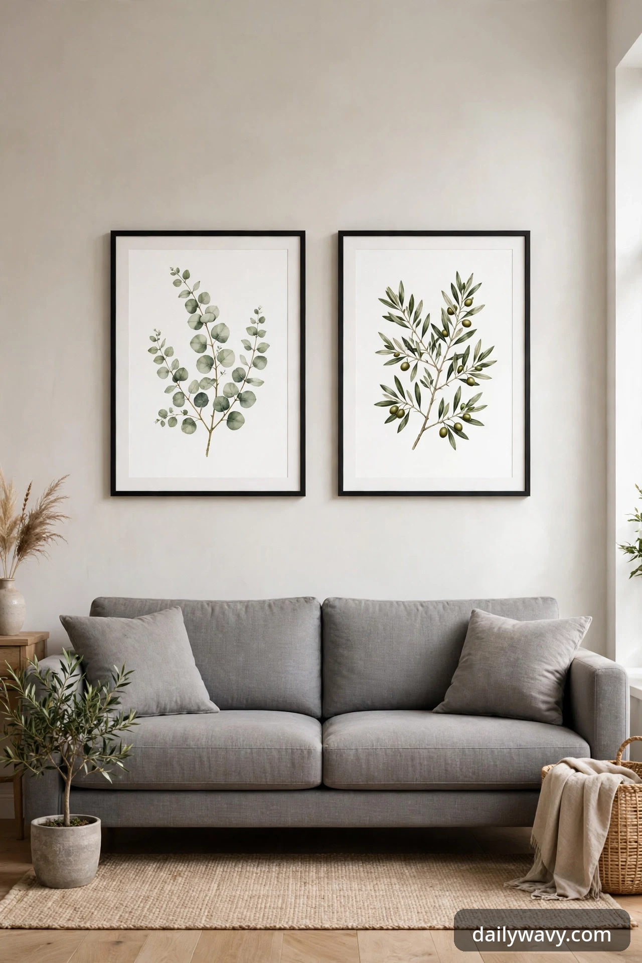 Pair of matching framed botanical prints centered above a gray sofa.