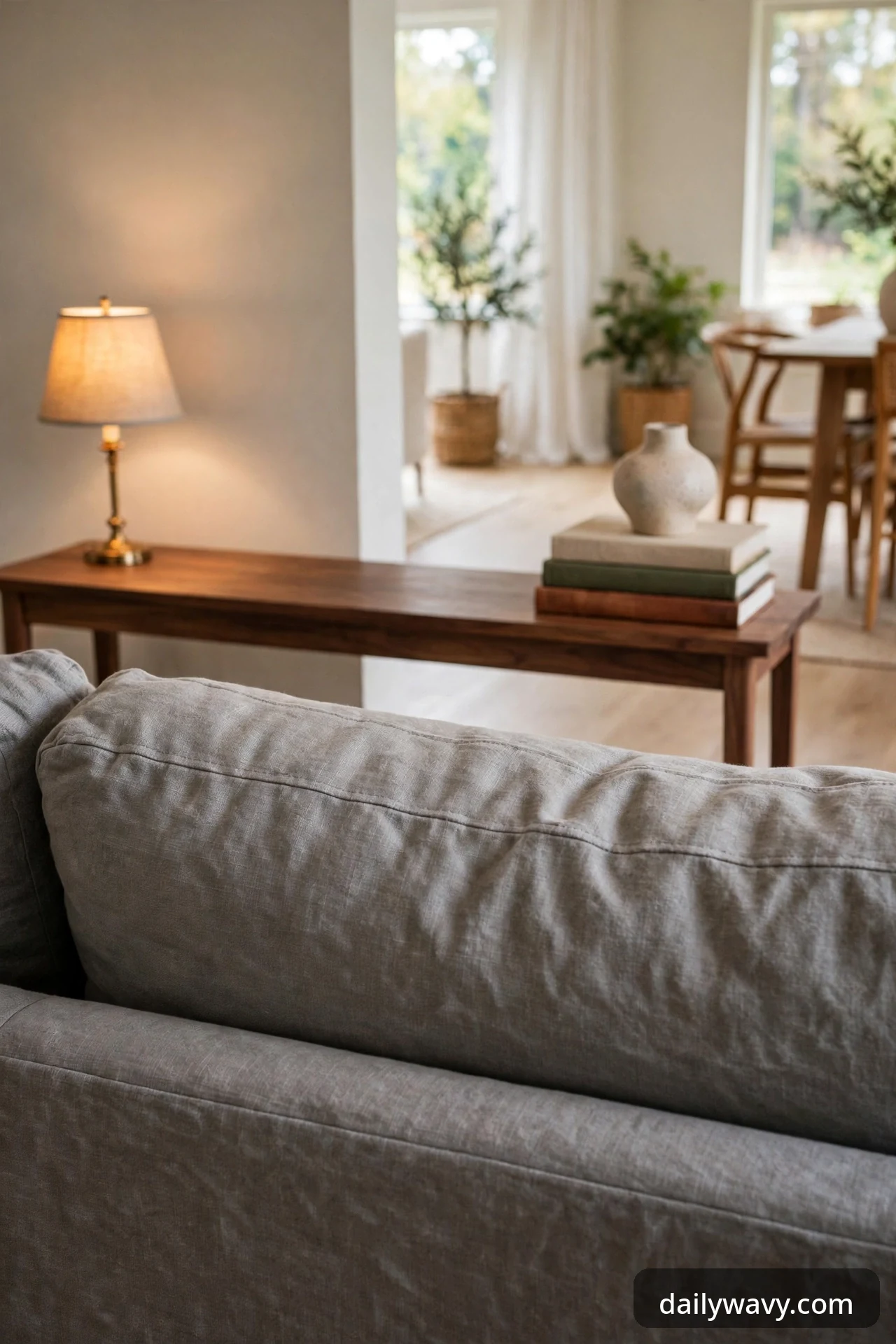 Narrow walnut console table styled behind a gray sofa.