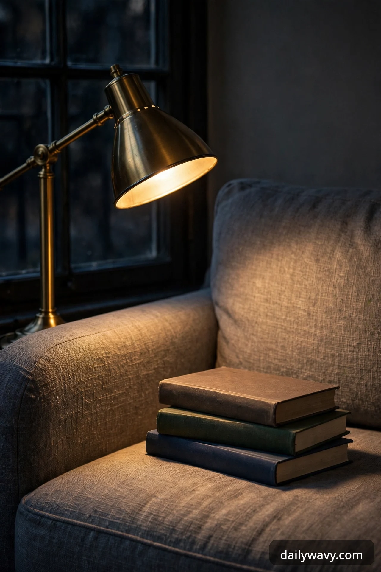 Brass reading lamp casting warm light beside a gray sofa arm.