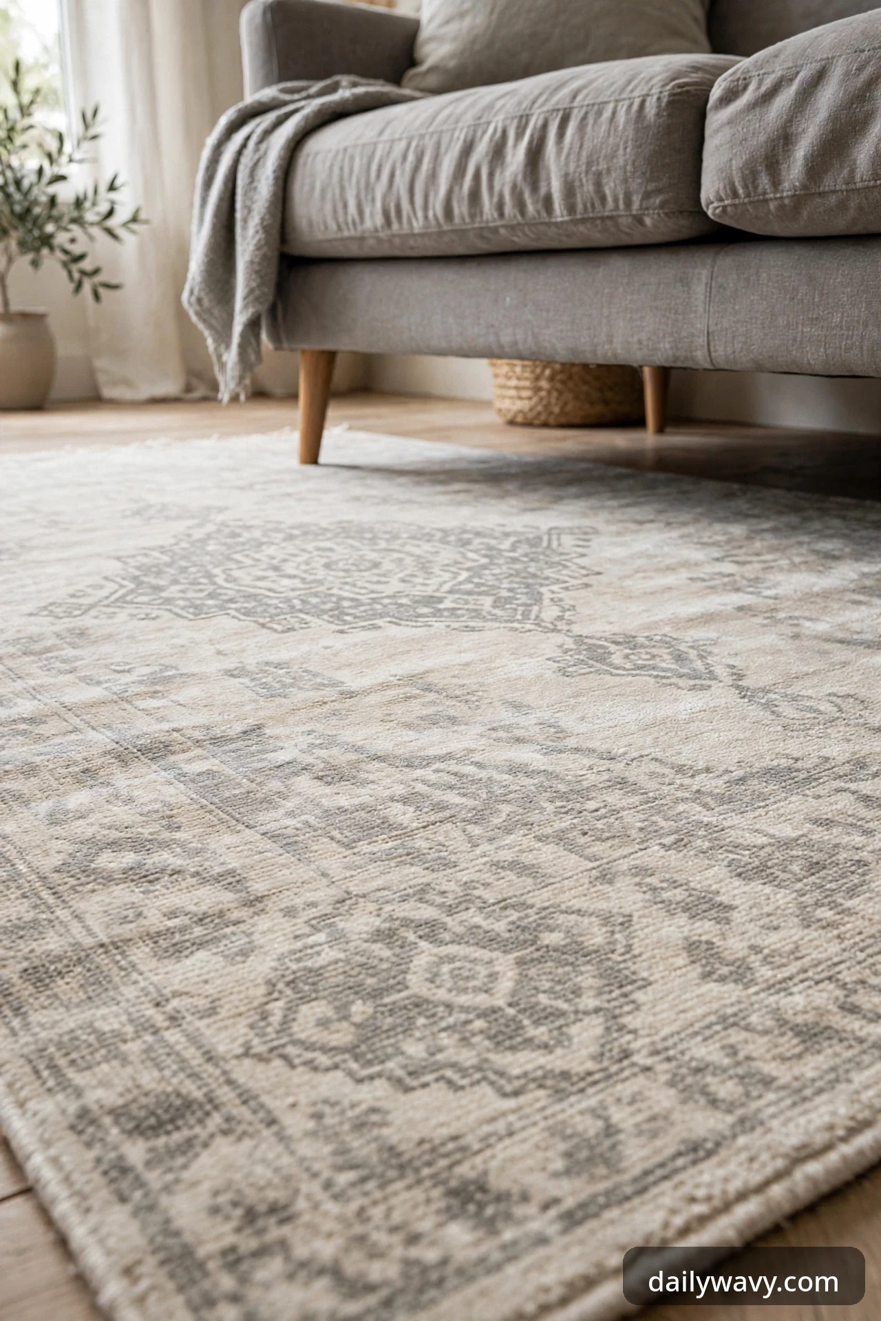 Washable rug with a subtle pattern under a gray sofa.