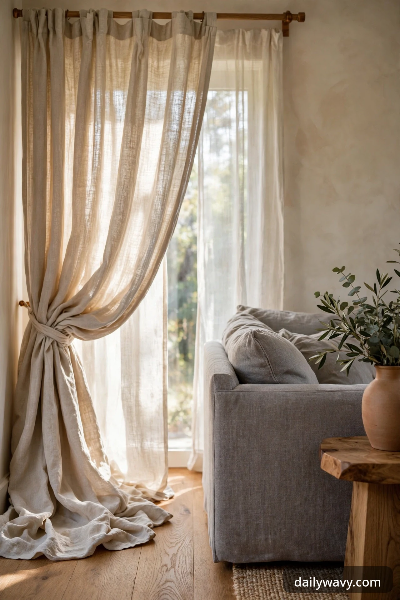 Oatmeal linen curtains beside a gray sofa in soft daylight.