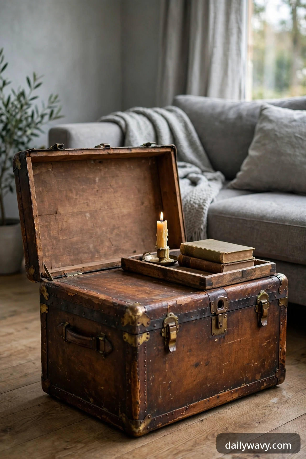 Vintage trunk used as a coffee table in front of a gray sofa.
