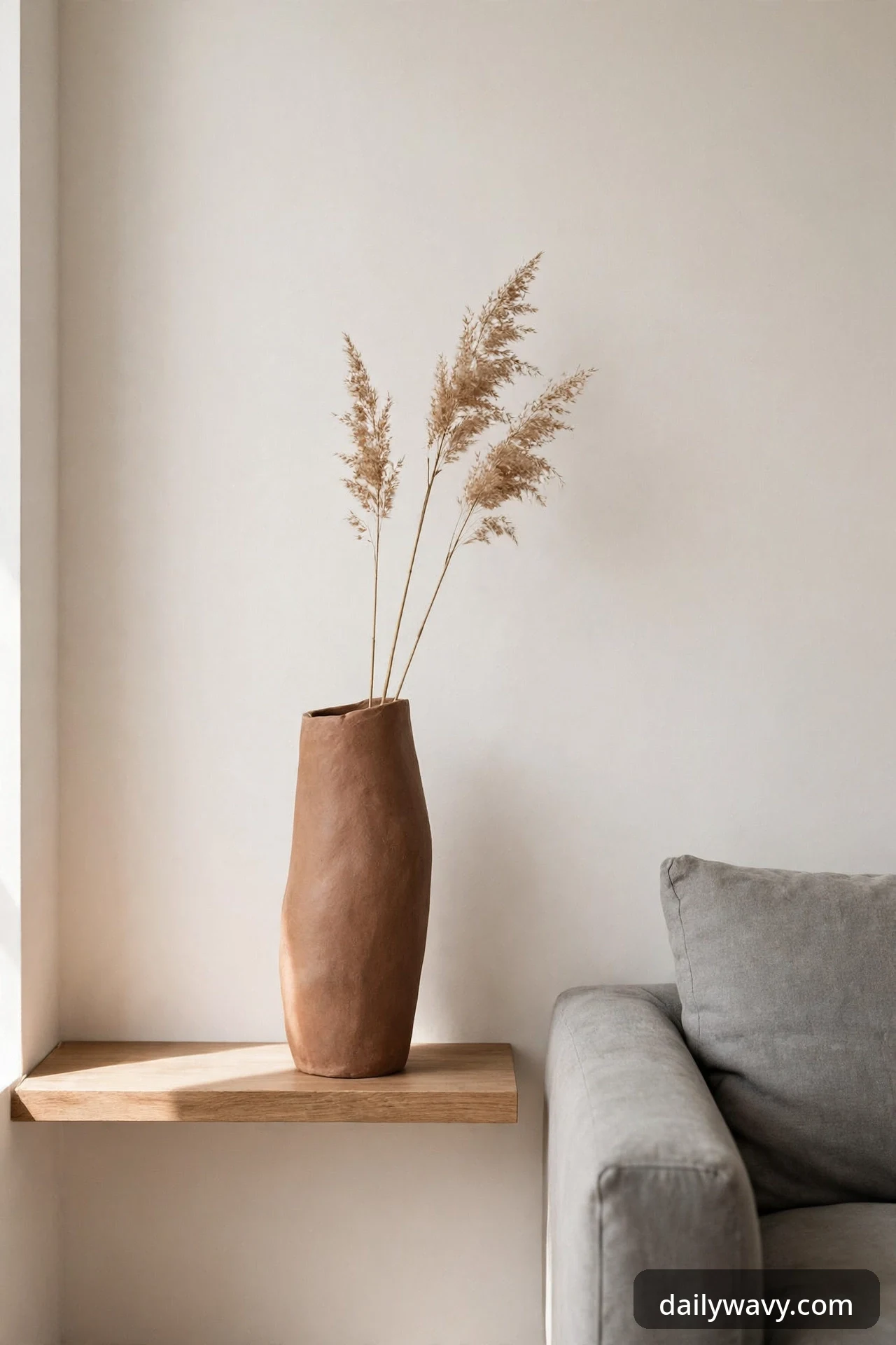 Single sculptural terracotta vase on a shelf near a gray sofa.