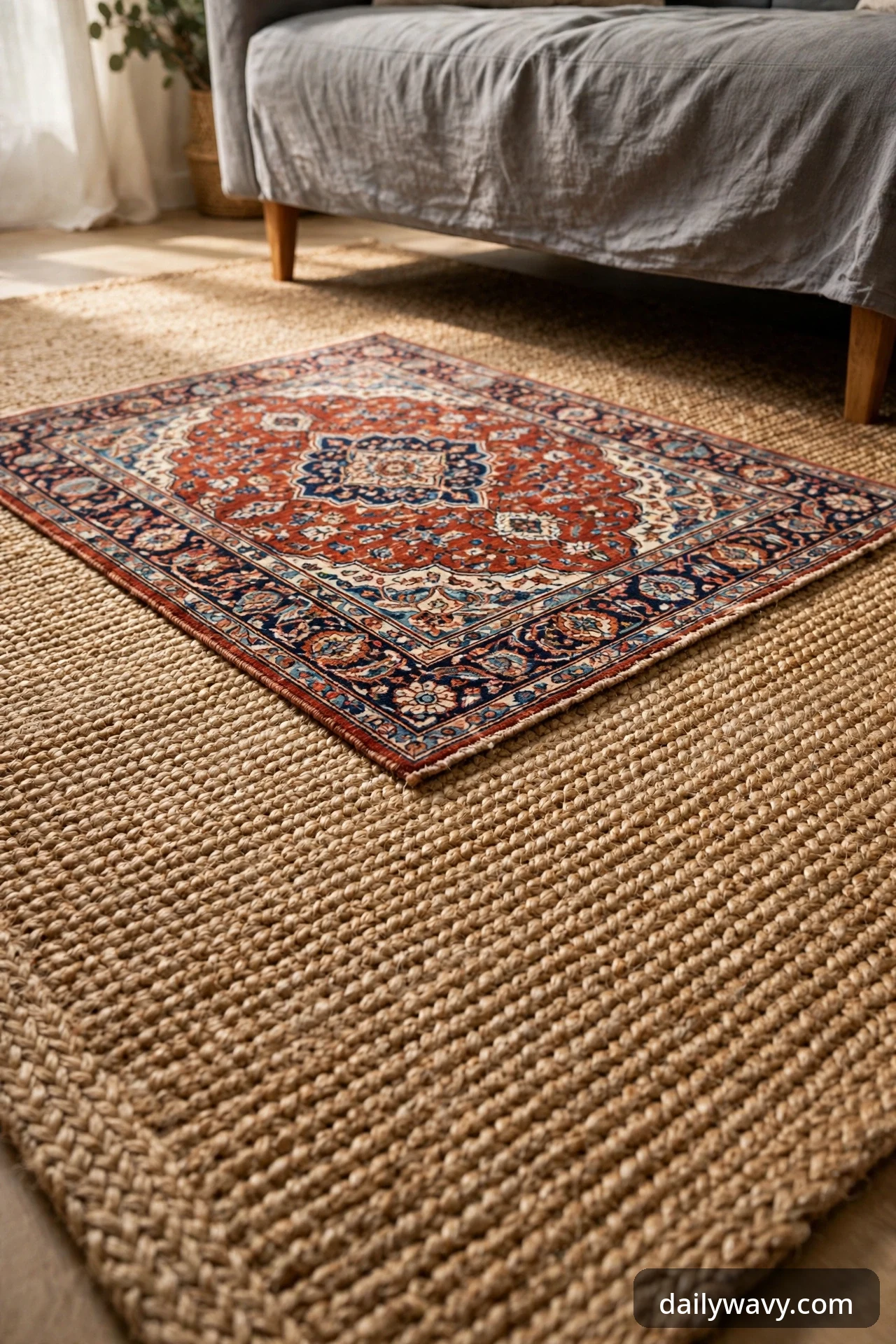 Patterned rug layered over a natural jute rug under a gray sofa.