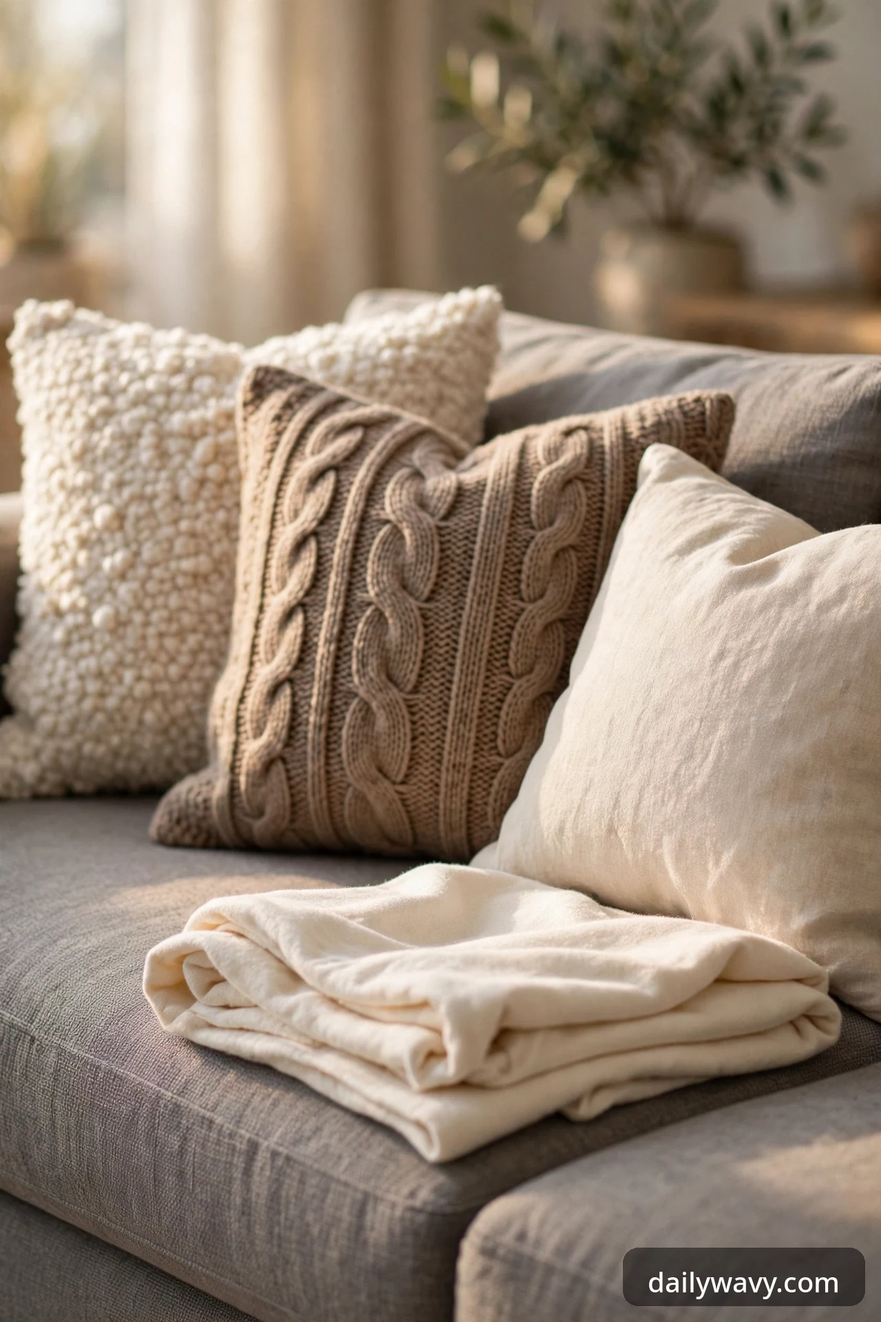 Textured neutral cushions and a plain cream throw on a gray sofa.