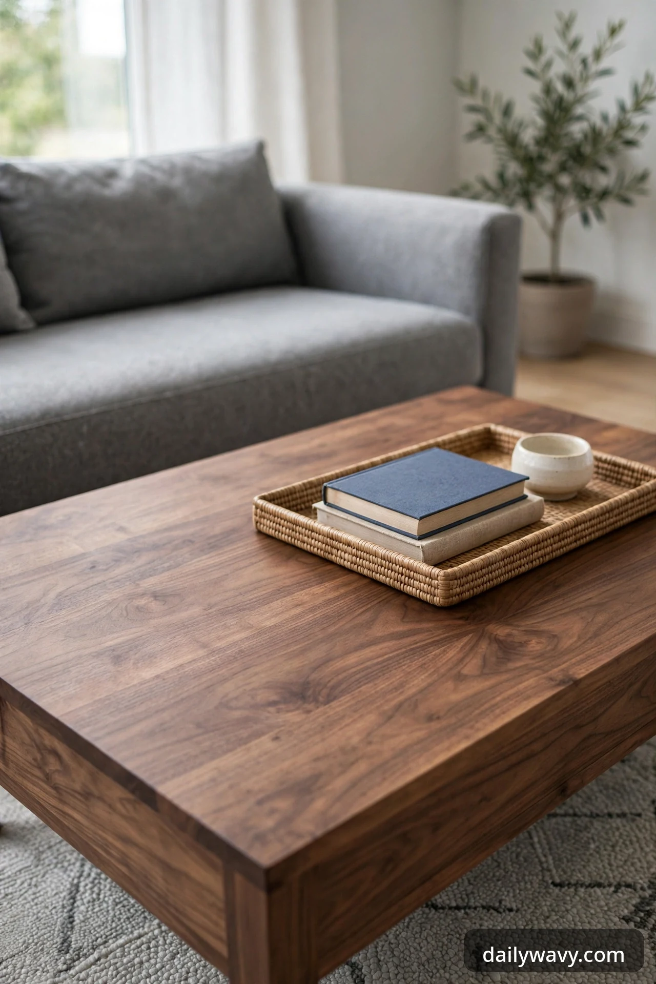 Warm walnut coffee table in front of a gray sofa.