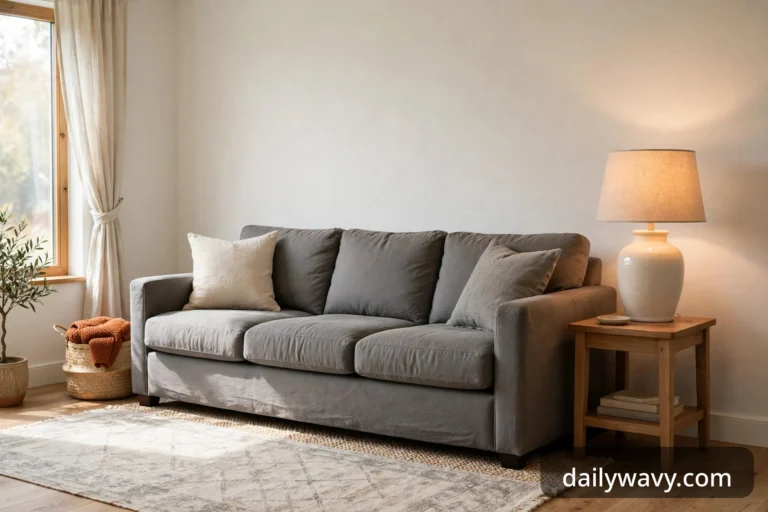Gray sofa styled with a ceramic table lamp, woven basket, and neutral rug in a warm living room.