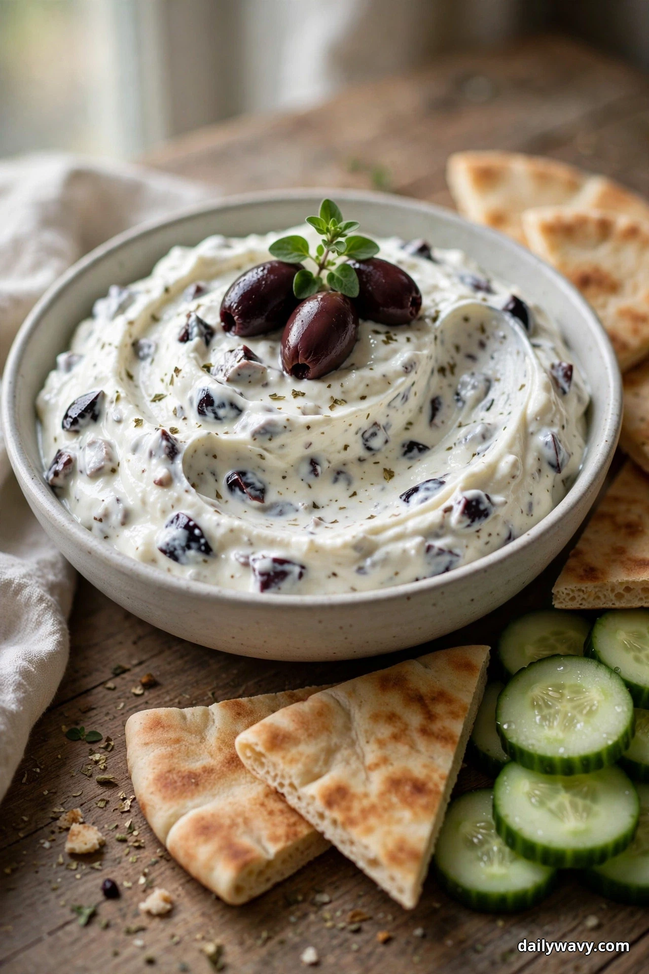 A closer view shows Greek yogurt dip with chopped Kalamata olives folded through it, topped with whole olives and an oregano sprig, with pita wedges and cucumber slices beside the bowl