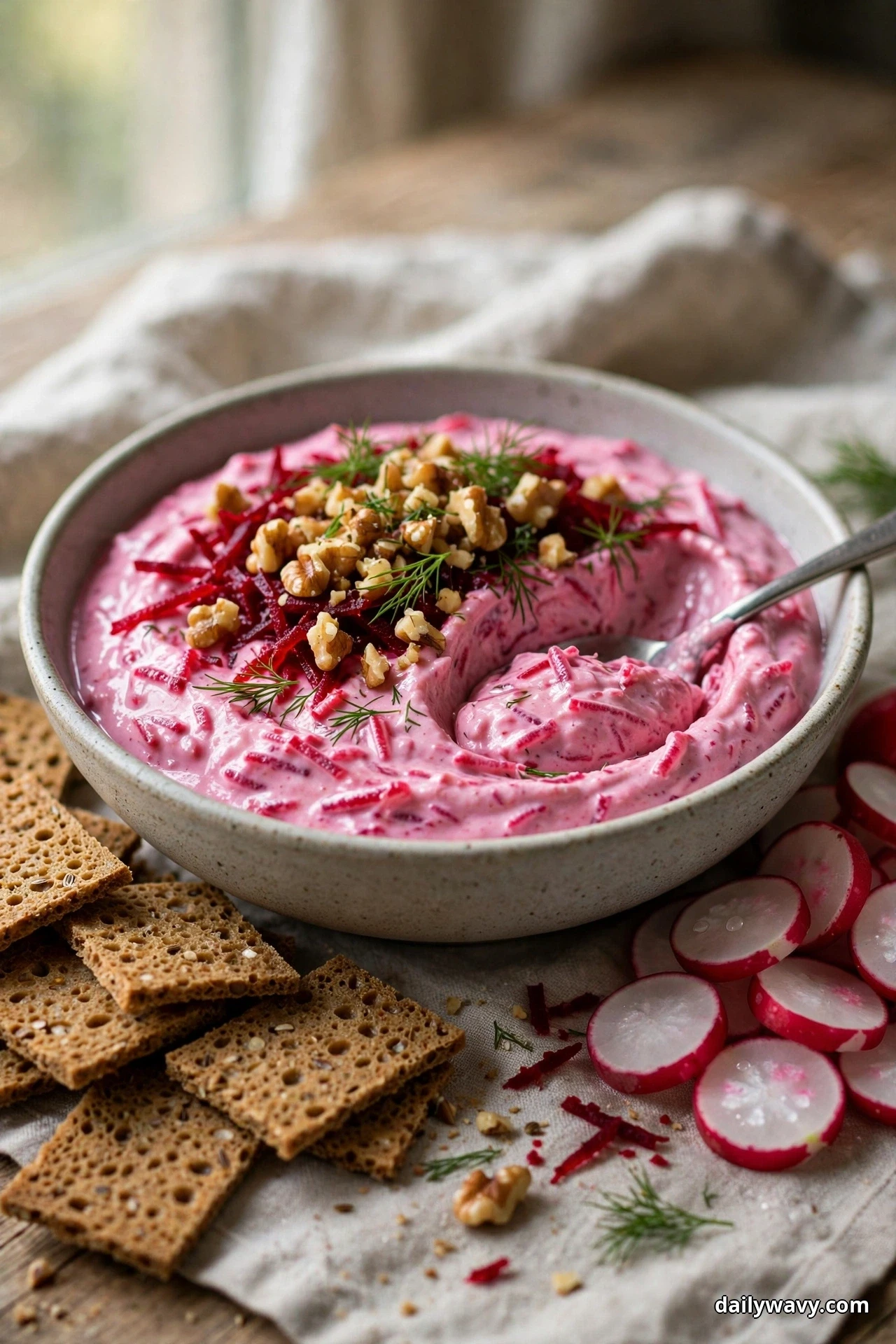 A bowl of rose-pink Greek yogurt dip holds shredded beets, chopped walnuts and fresh dill on top, with rye crisps and sliced radishes served beside it