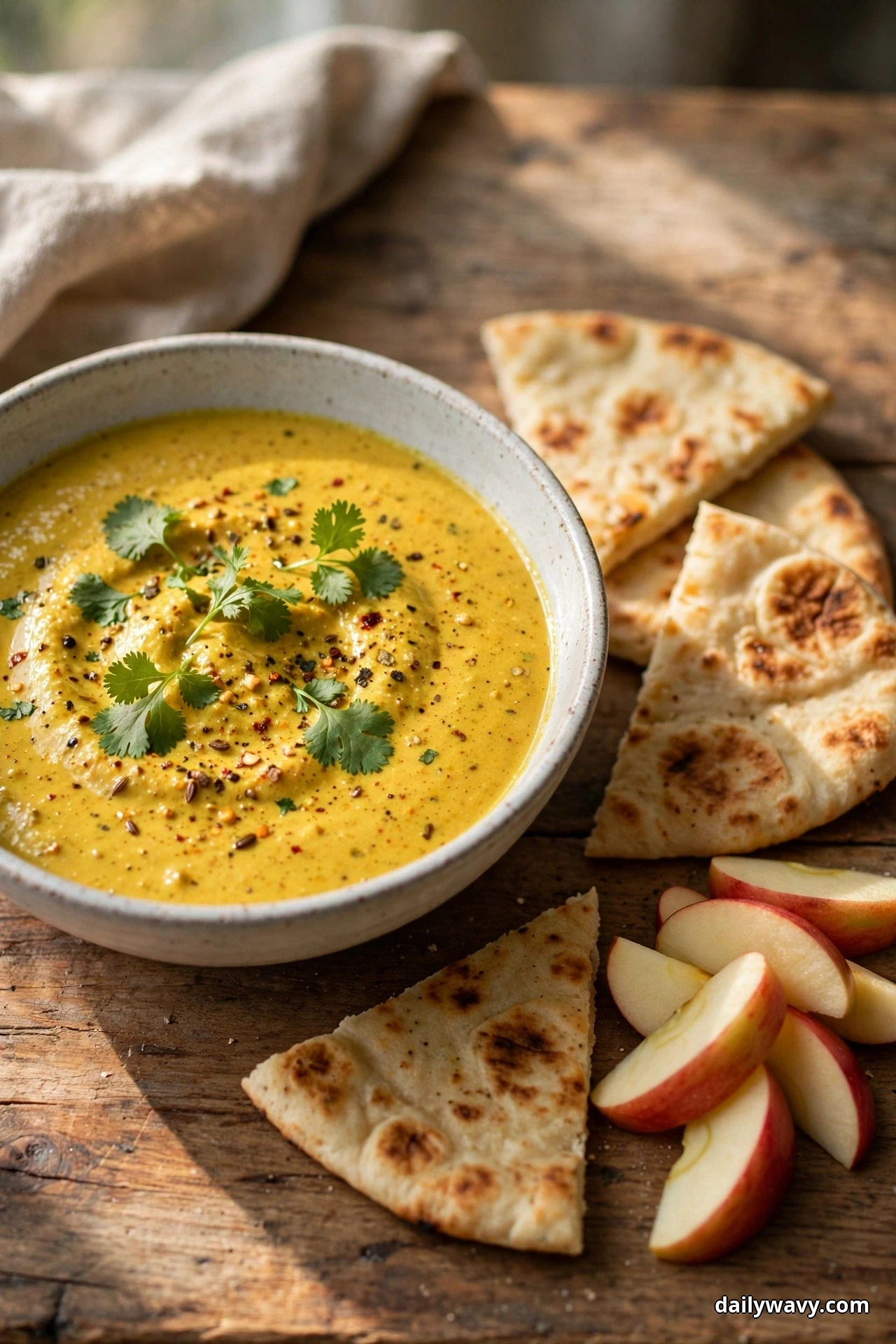 A bowl of golden Greek yogurt dip with curry and ginger holds cilantro leaves and spice flecks on top, with naan triangles and apple slices served beside it