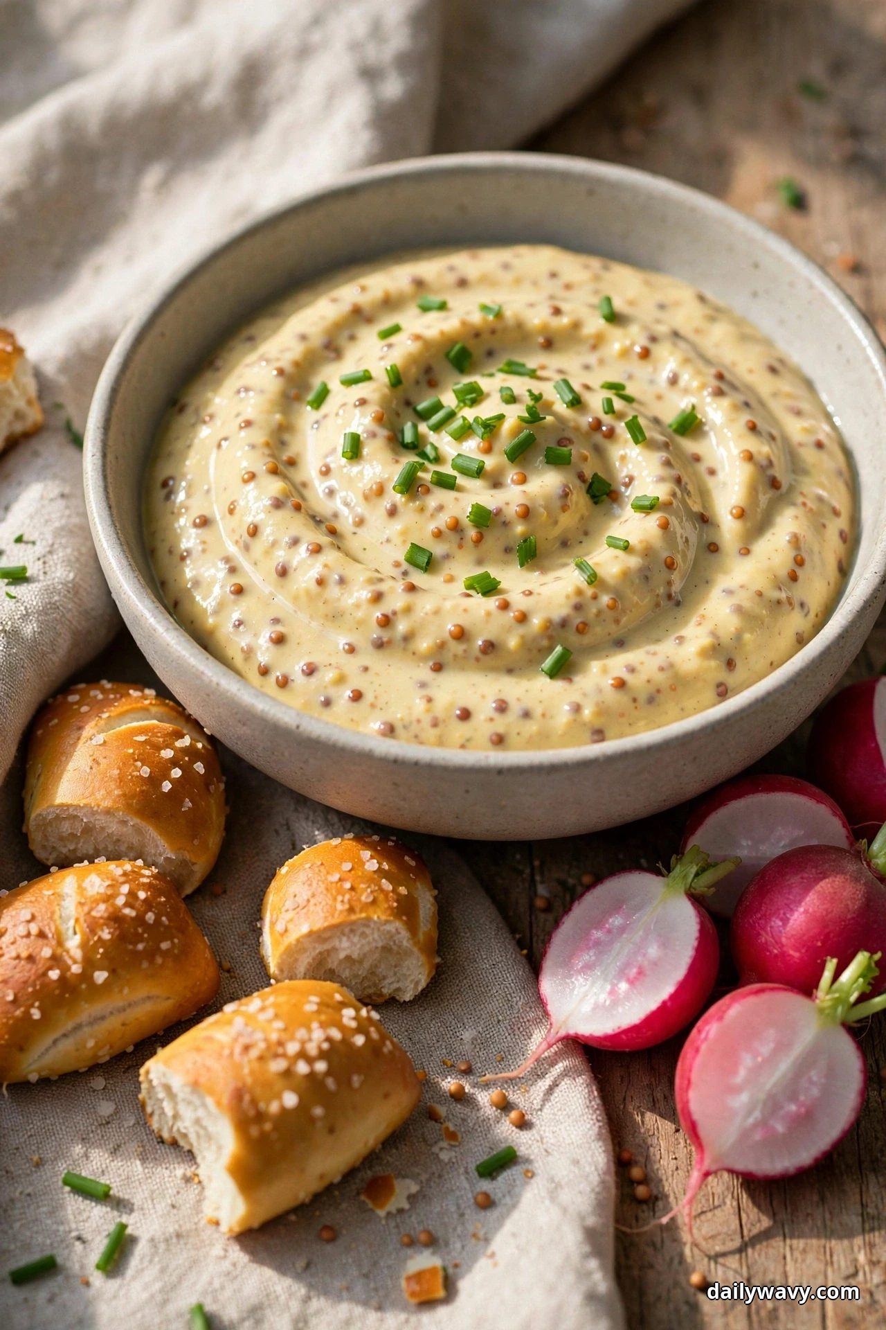 A bowl of pale Greek yogurt dip shows whole-grain mustard seeds and snipped chives across the top, with pretzel bites and radish halves served beside it