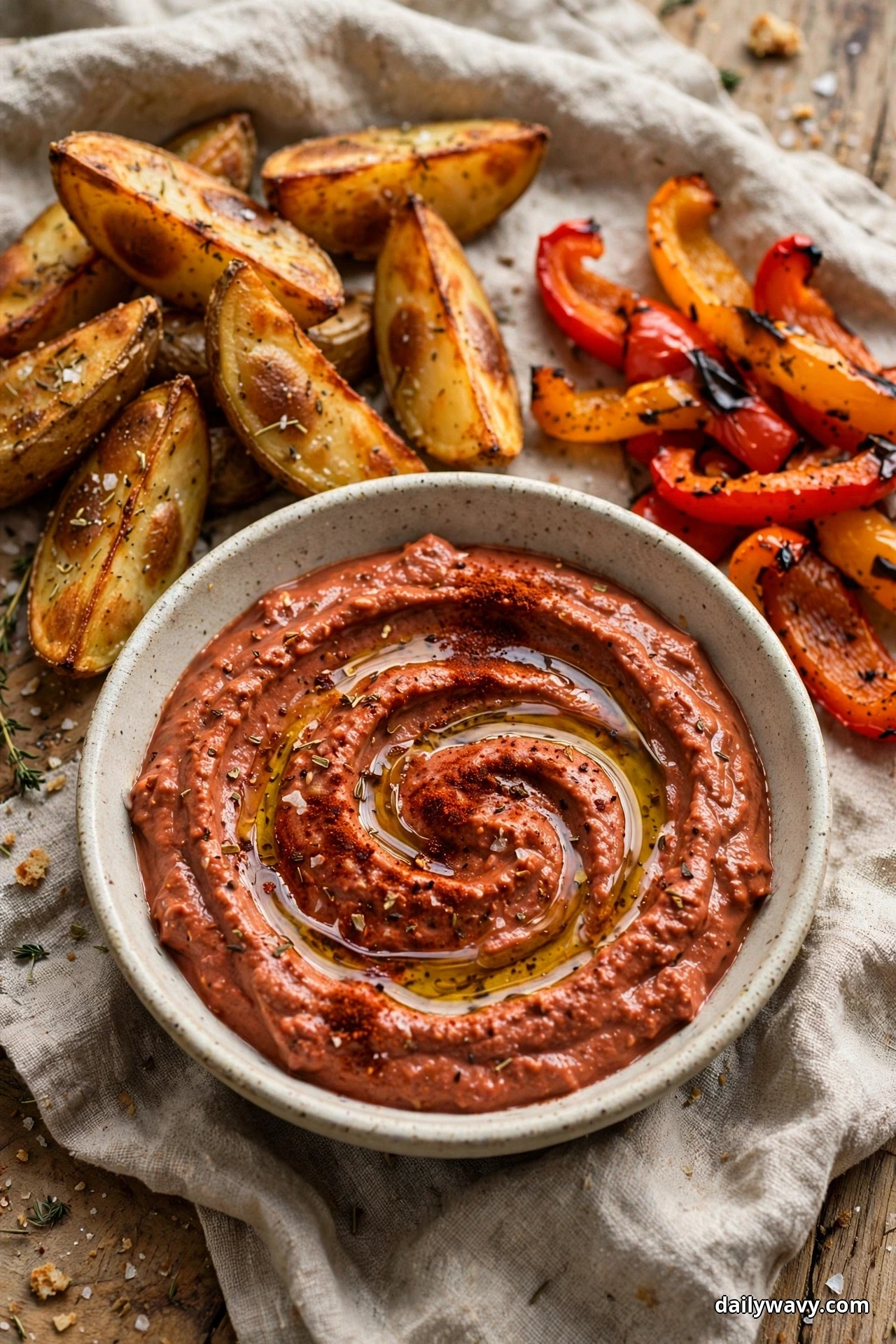 A bowl of brick-red Greek yogurt dip with smoked paprika holds an olive oil swirl and a paprika dusting, with roasted potato wedges and bell pepper strips served beside it