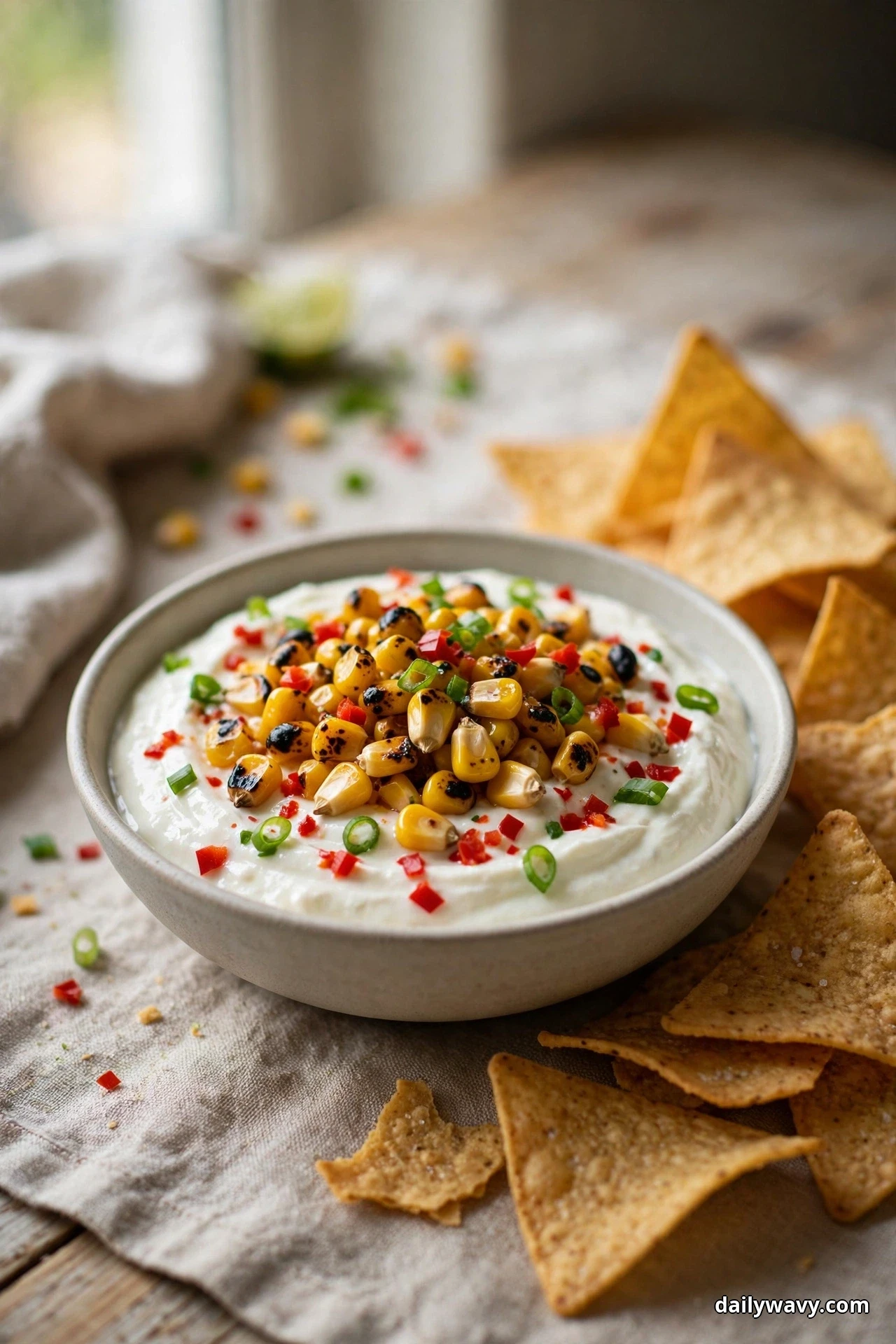 A bowl of Greek yogurt dip holds a topping of charred sweet corn kernels, minced red chili and scallion greens, with tortilla chips served beside it