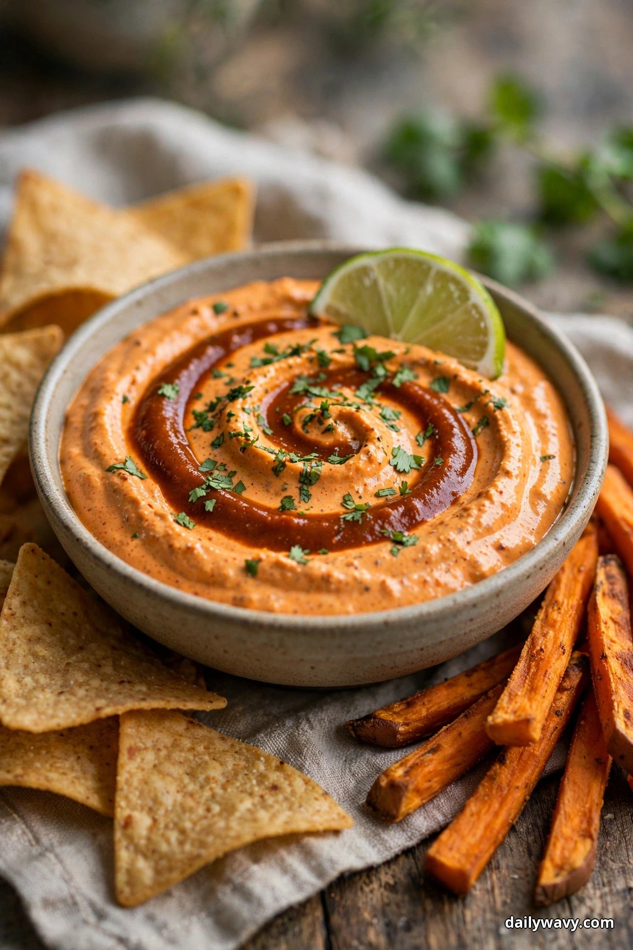 A bowl of smoky orange Greek yogurt dip holds a dark adobo sauce swirl, chopped cilantro and a lime wedge, with tortilla chips and sweet potato fries served beside it