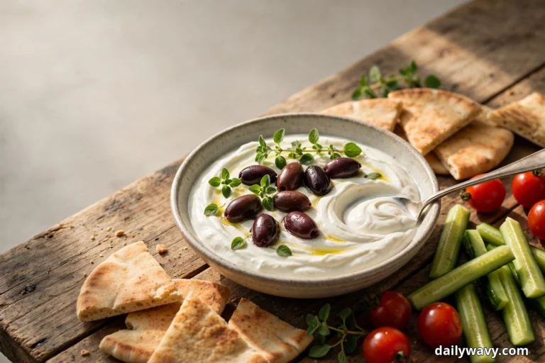 A wide view shows a bowl of Greek yogurt dip topped with whole Kalamata olives, fresh oregano and a drizzle of olive oil on a wooden board with pita wedges, cucumber sticks and cherry tomatoes