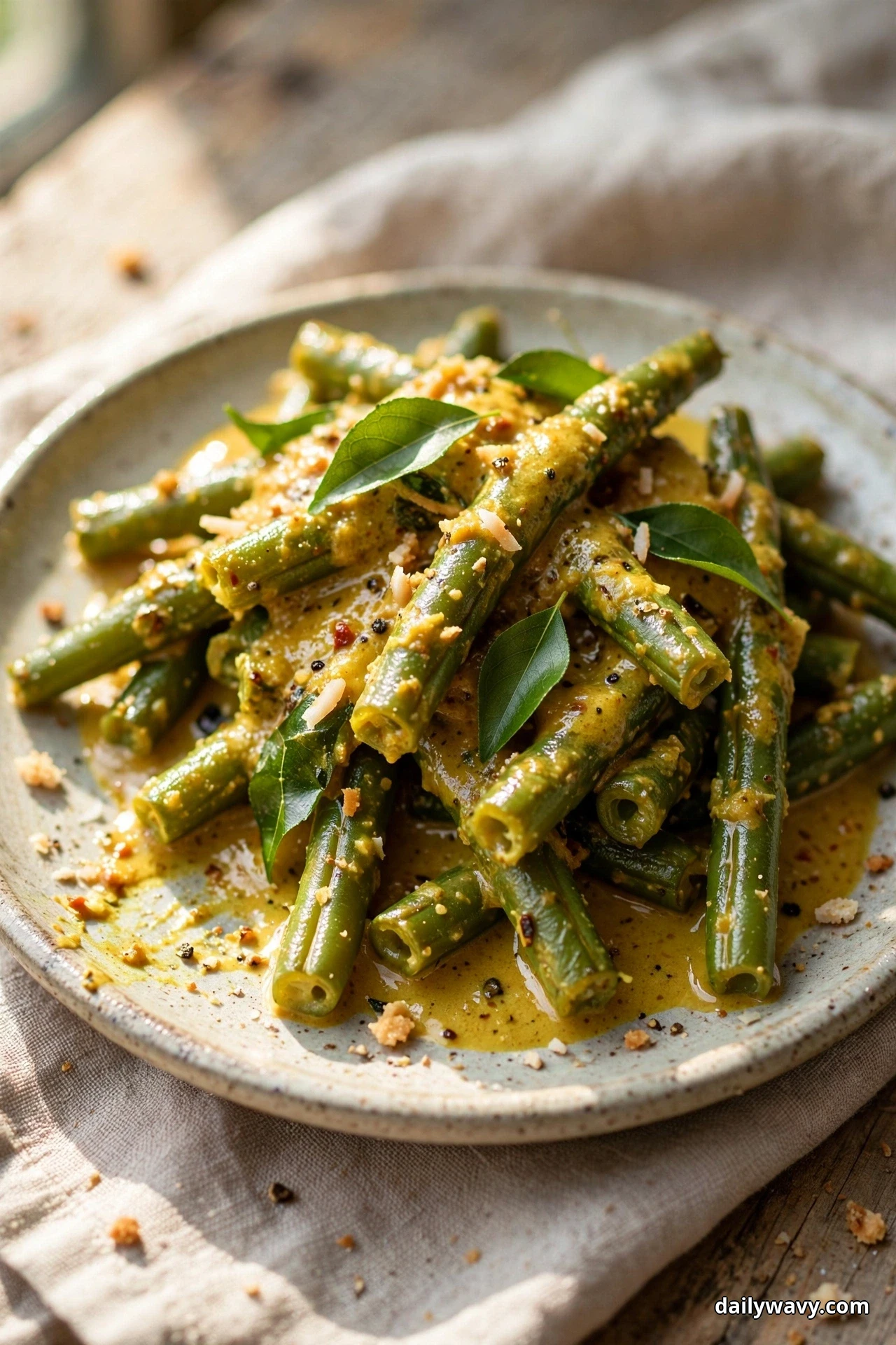 A plate of green beans coated in a golden coconut curry sauce and topped with fresh curry leaves rests on a linen cloth over a wooden table