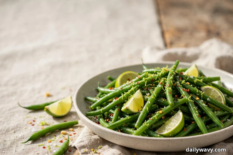 A shallow speckled bowl of green beans with lime wedges, lime zest and red chili flakes sits on a linen cloth over a wooden table with loose beans and a lime wedge beside it