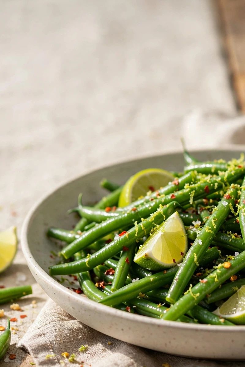 A vertical Pinterest pin photo shows green beans with lime wedges, lime zest and red chili flakes in a shallow bowl on a linen cloth, cropped from the hero scene