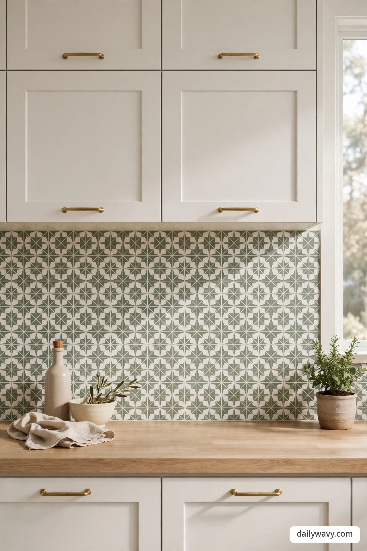 Sage green geometric motif tile backsplash with white cabinets and brass handles above a light wood counter