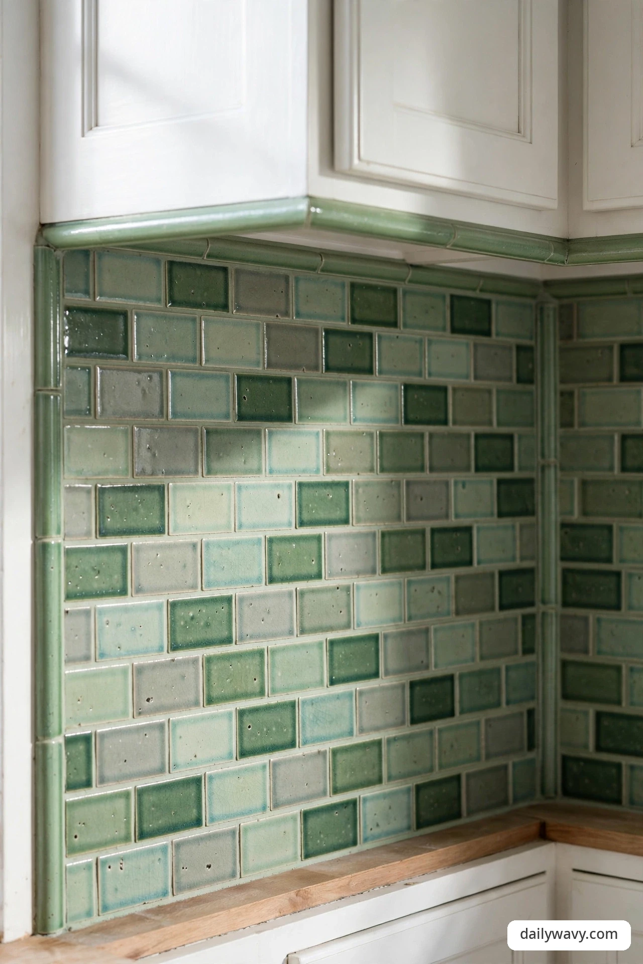 Tonal green tile backsplash in layered shades with matching green trim edging