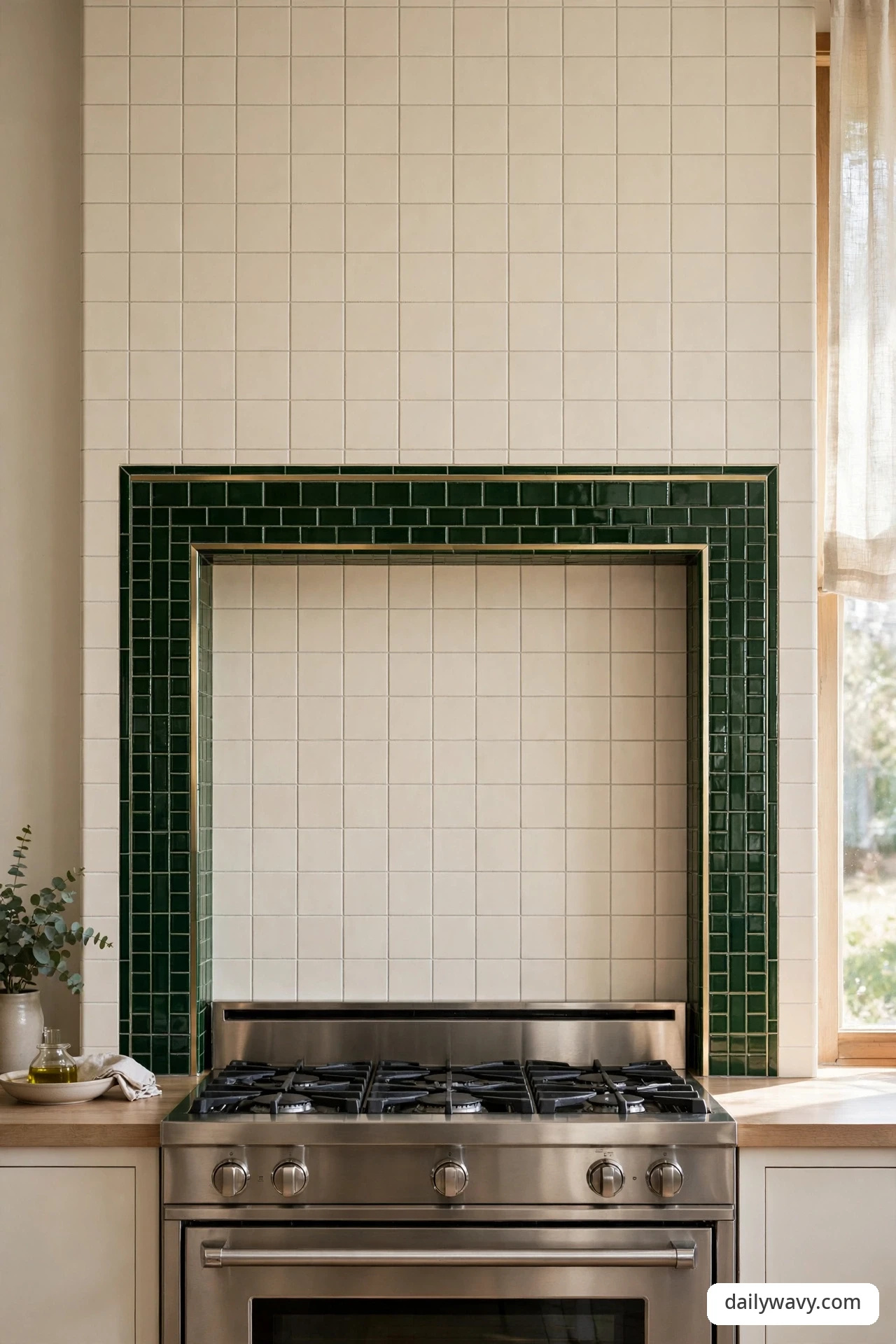 Narrow deep green tile border framing the cooking zone behind a range