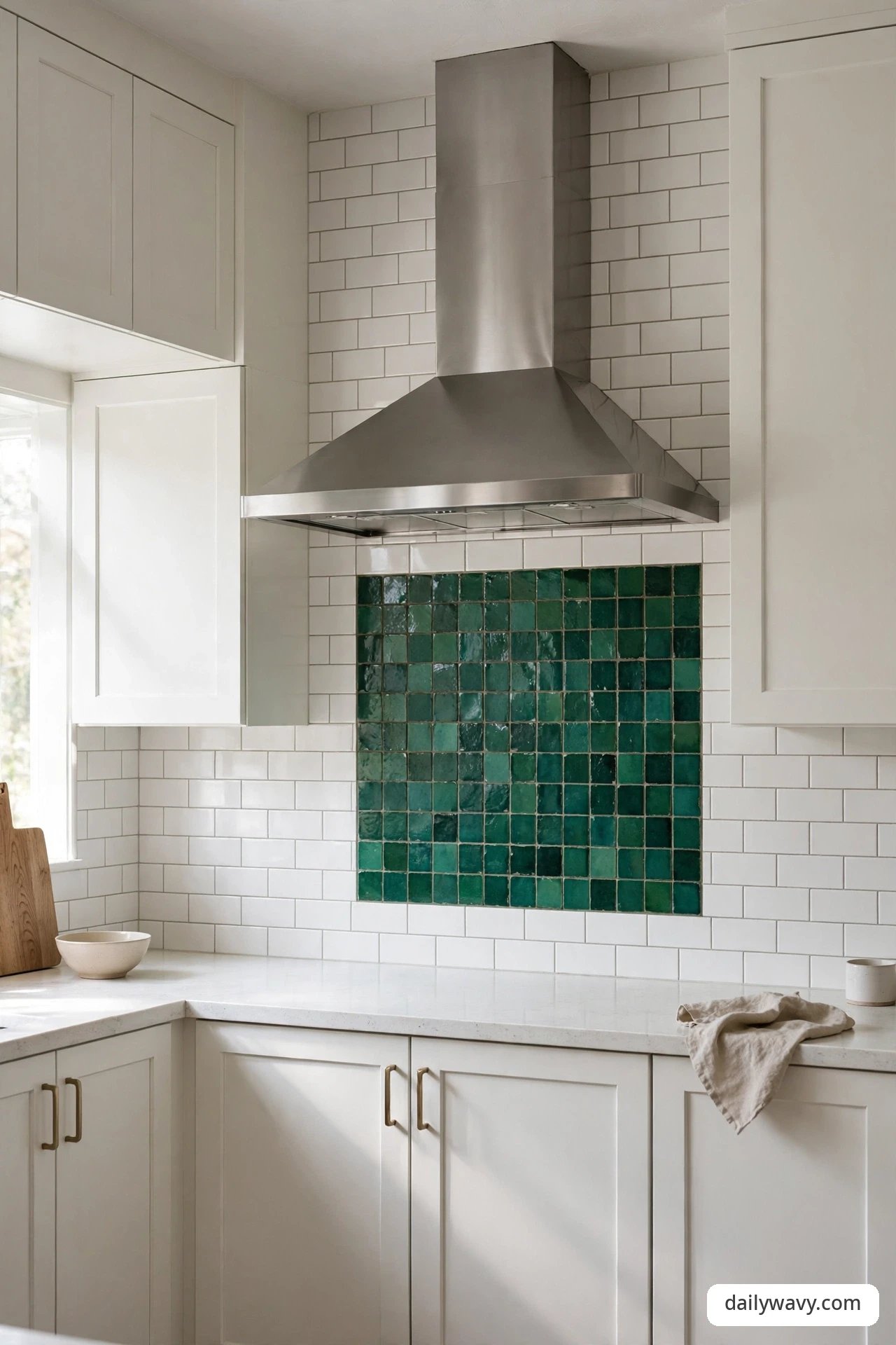 Emerald green handmade tile focal panel behind a range with plain white surrounding tile
